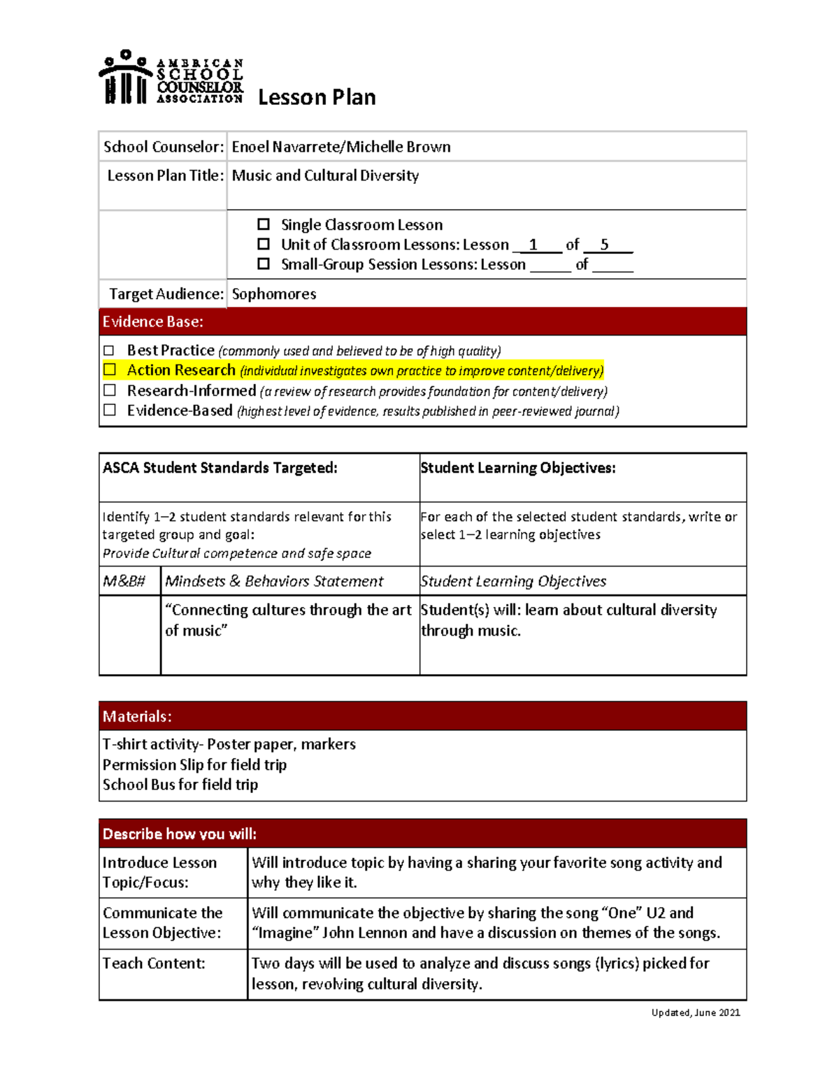 Lesson Plan Updated June 2021 Lesson Plan School Counselor: Enoel