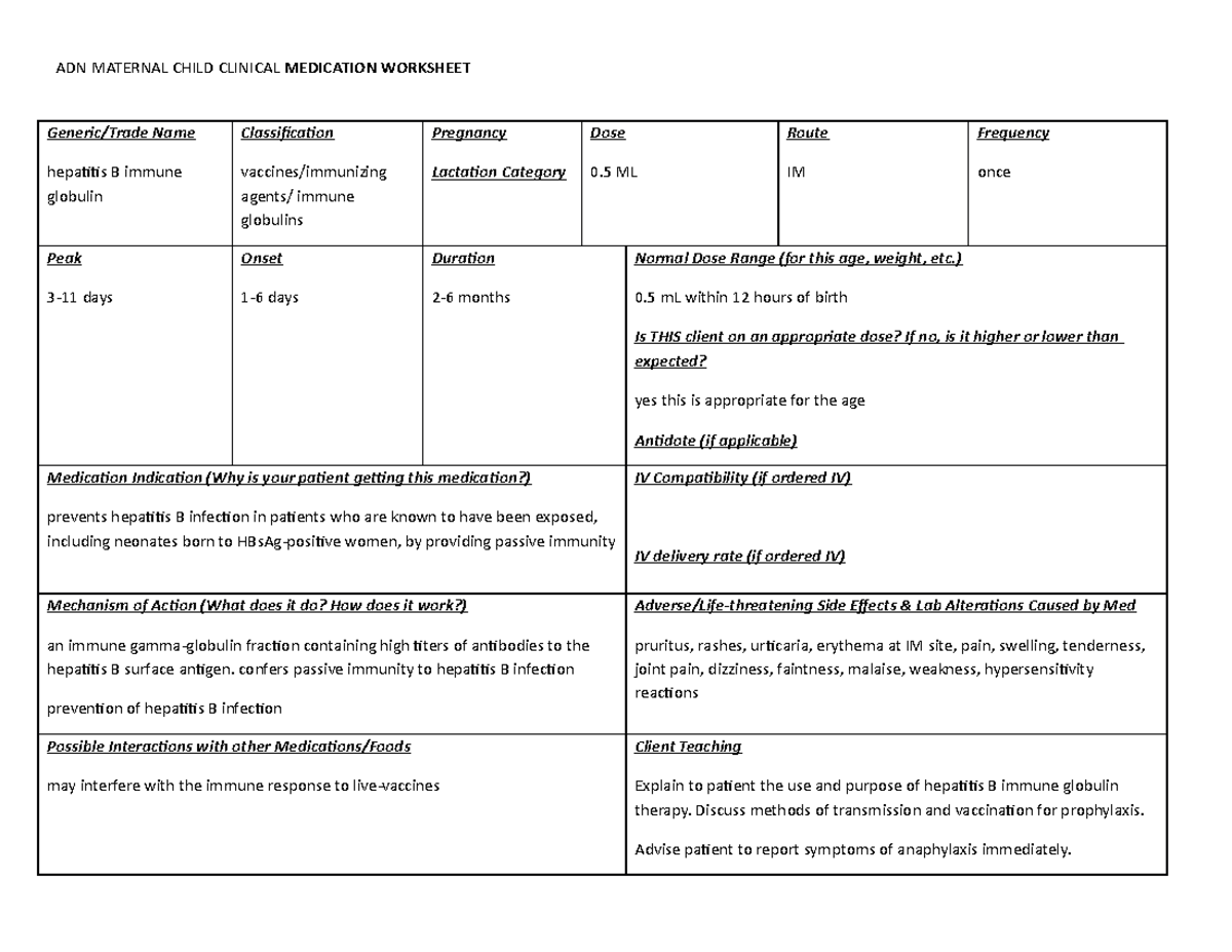 Hep B Med - Yes - ADN MATERNAL CHILD CLINICAL MEDICATION WORKSHEET ...