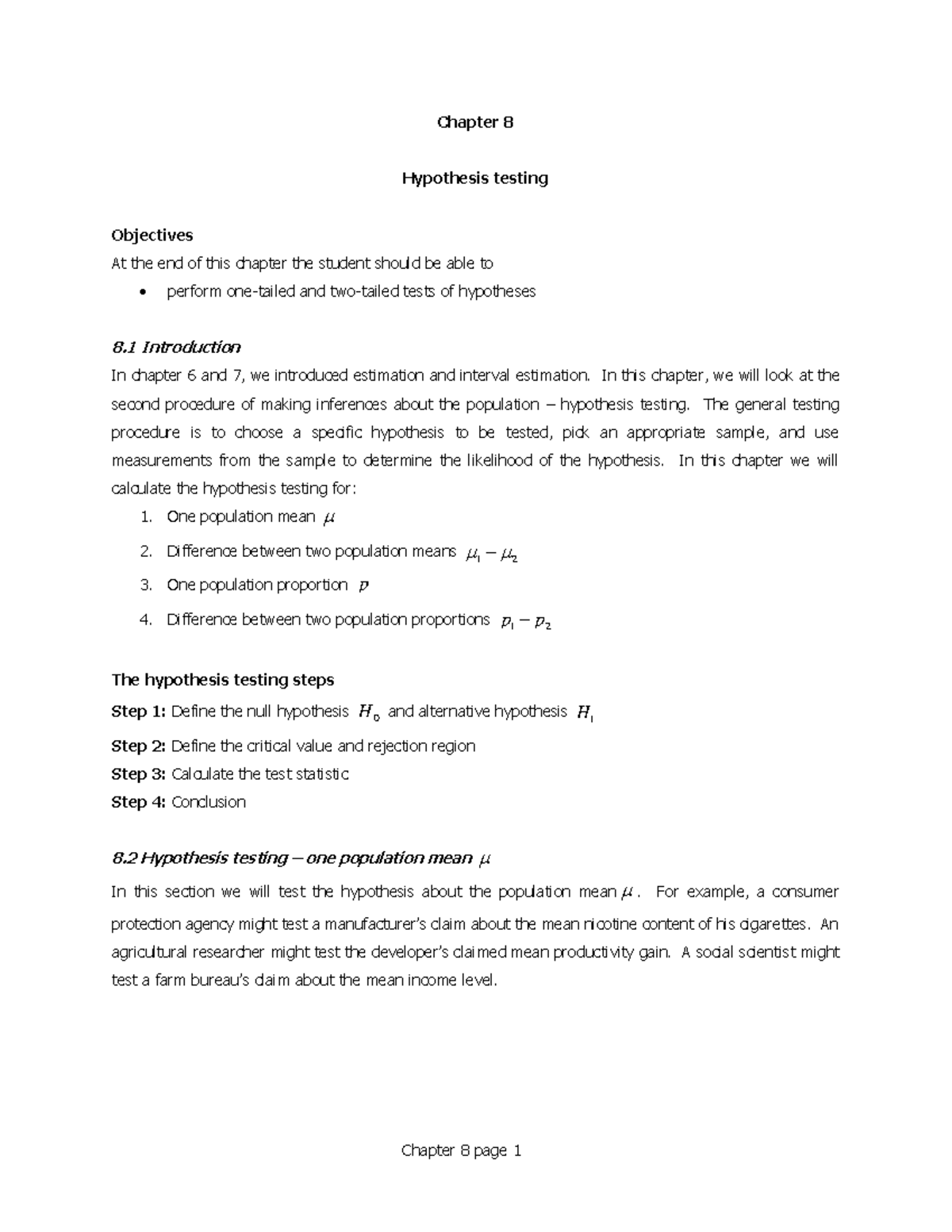 Chapter 8 1 STAT - Chapter 8 Hypothesis testing Objectives At the end ...