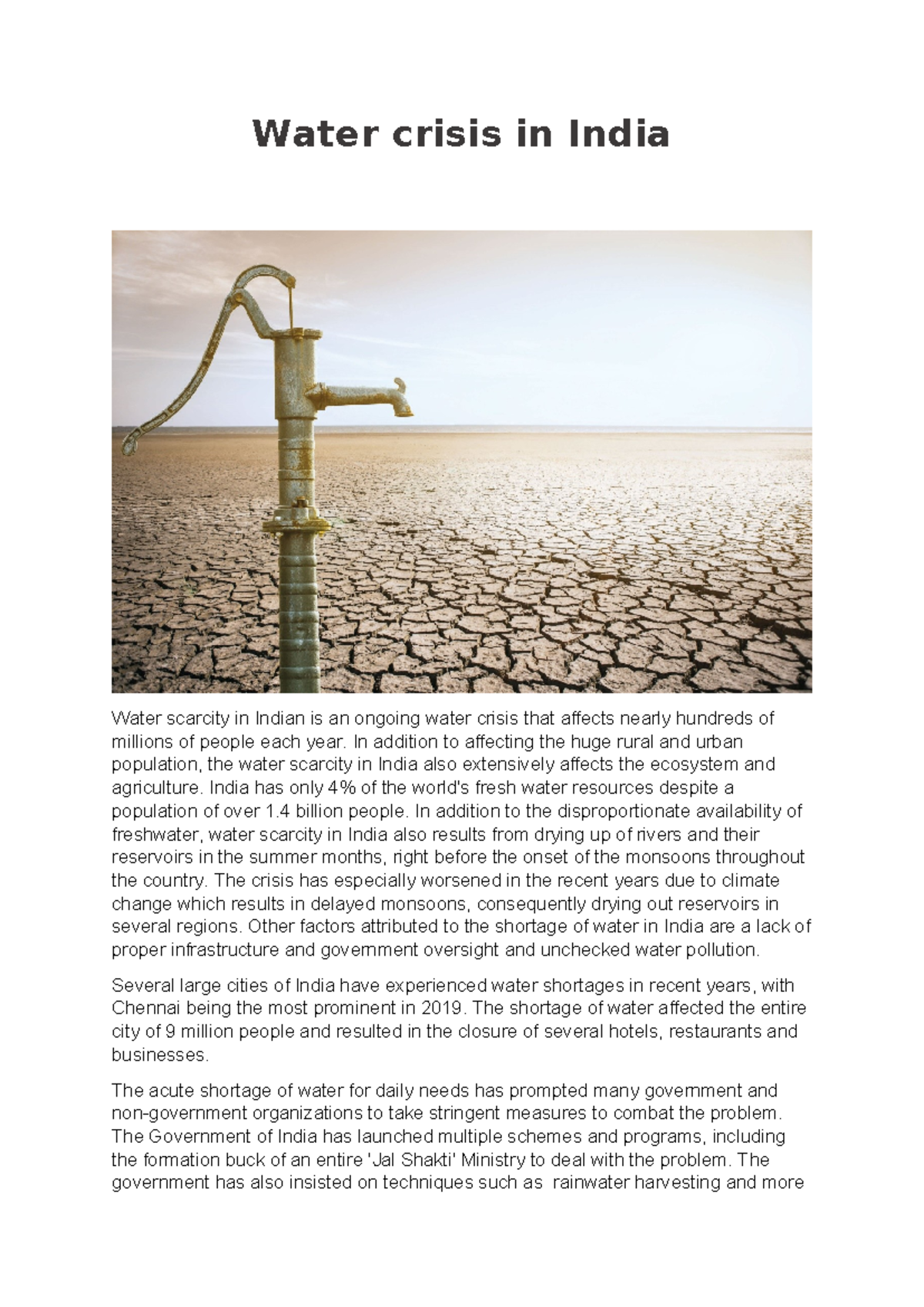 water crisis in India and its solution by rainwater harvesting. class ...