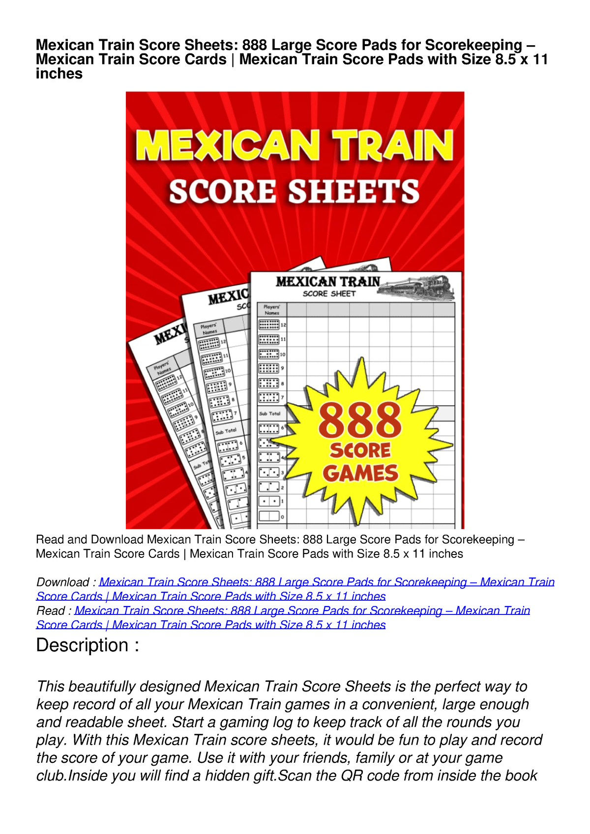 [READ DOWNLOAD] Mexican Train Score Sheets 888 Large Score Pads for