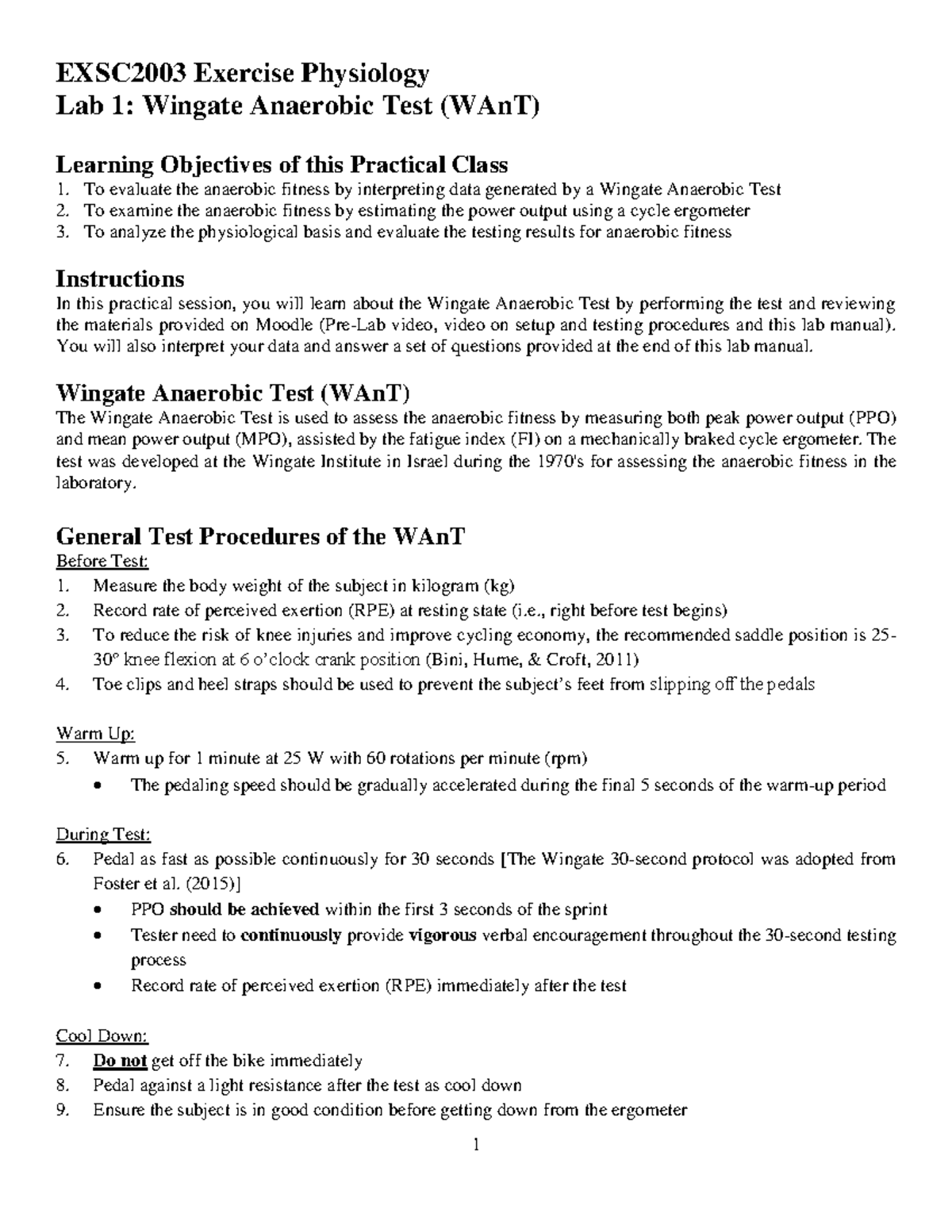20240916 PS - Lab 1 Wingate Lab Manual - EXSC2003 Exercise Physiology ...