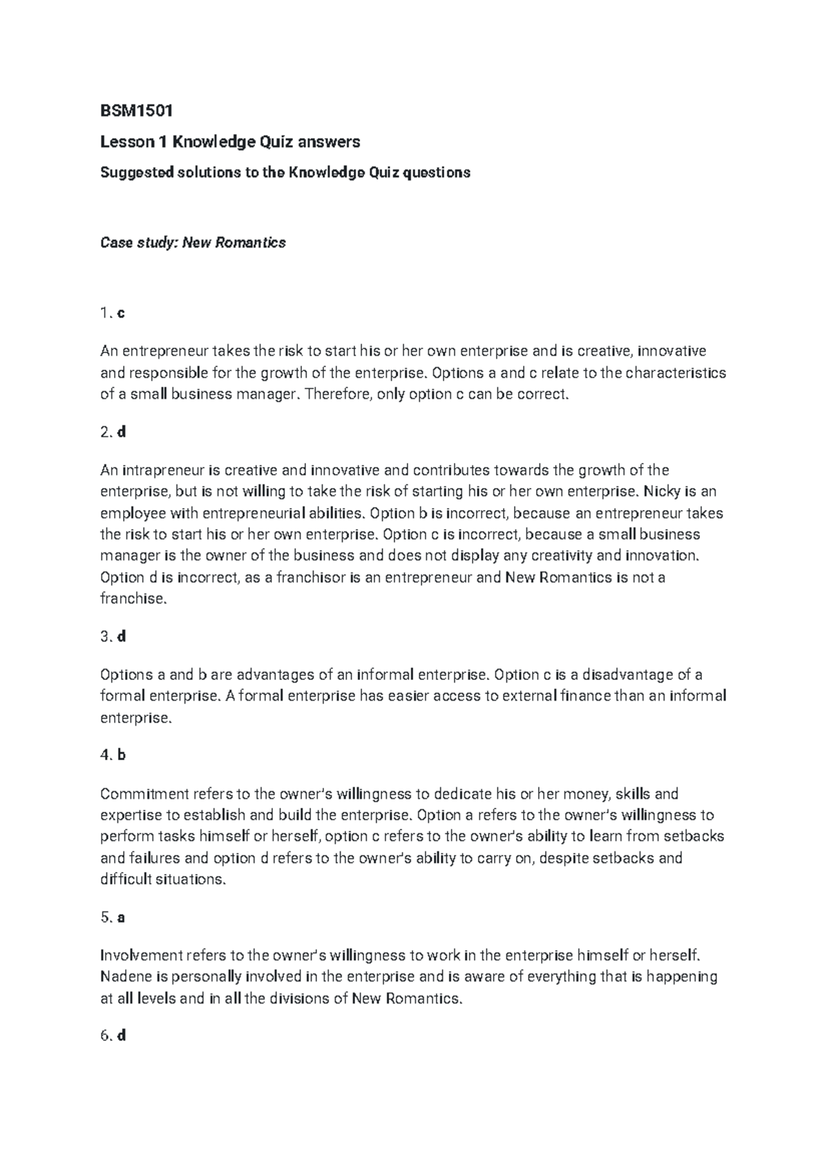 Document 7 - Summary Business management 1A - BSM Lesson 1 Knowledge ...
