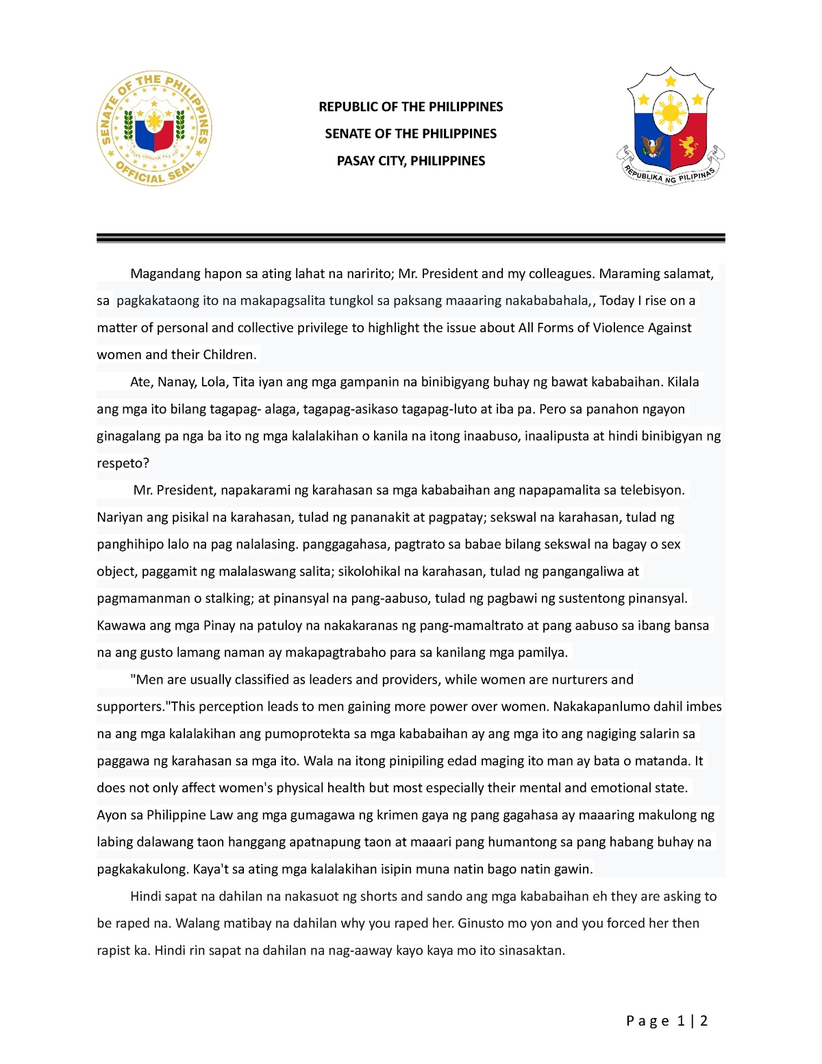 example of speech about politics in the philippines