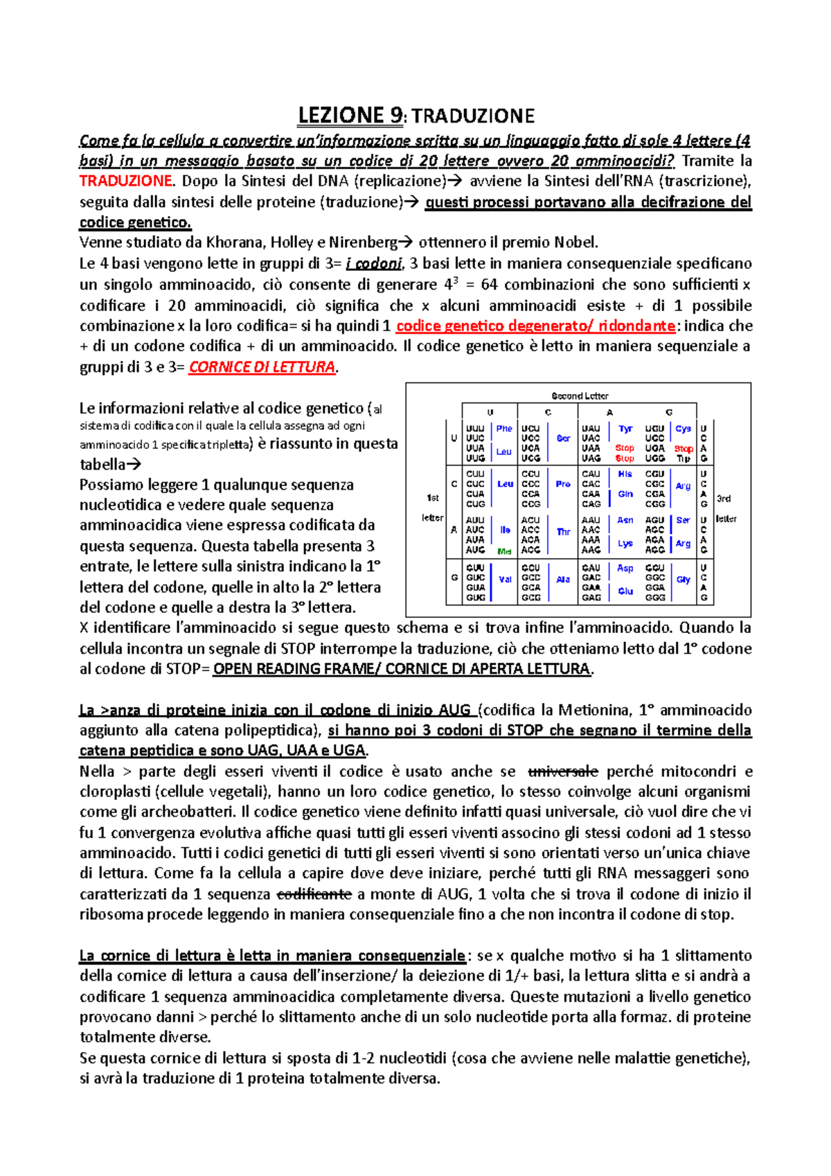 Lezione 9= decifrazione del codice genetico, l'RNA transfert, ribosoma ...