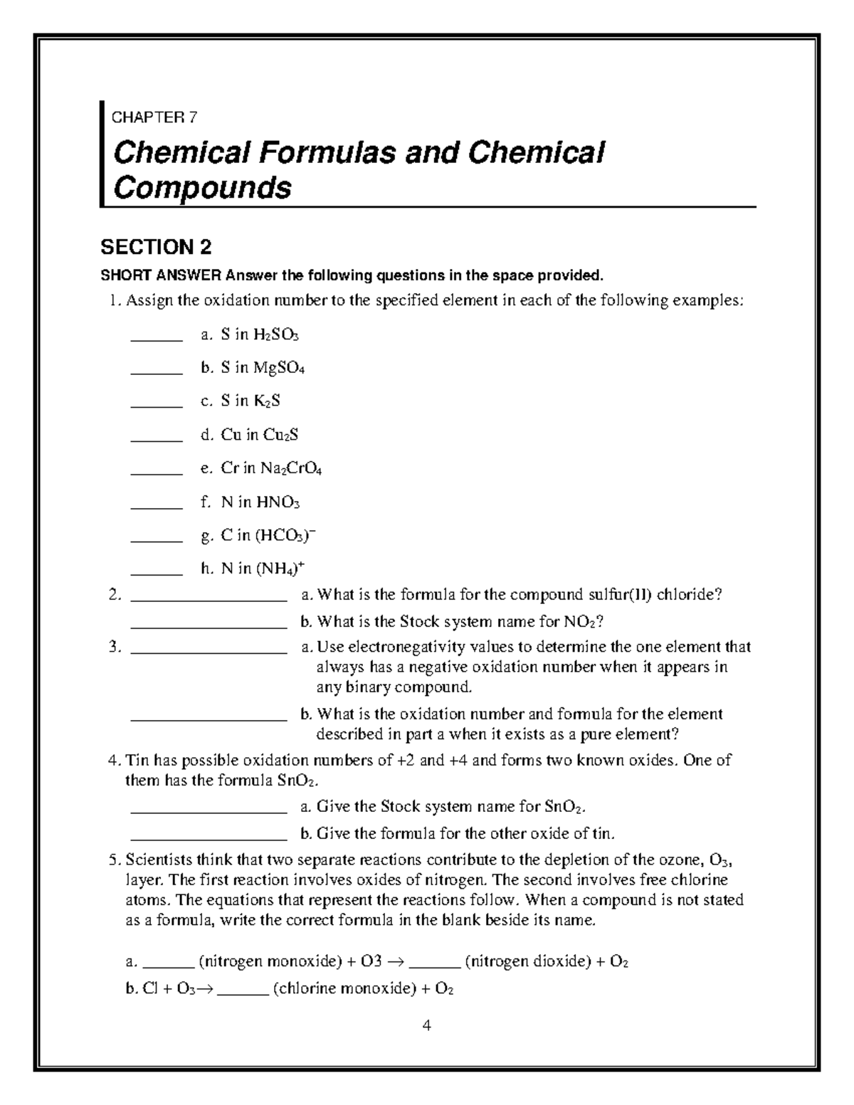 Chemistry Worksheet Grade 10 Ch7 Sec2 - 4 Chapter 7 Chemical Formulas 