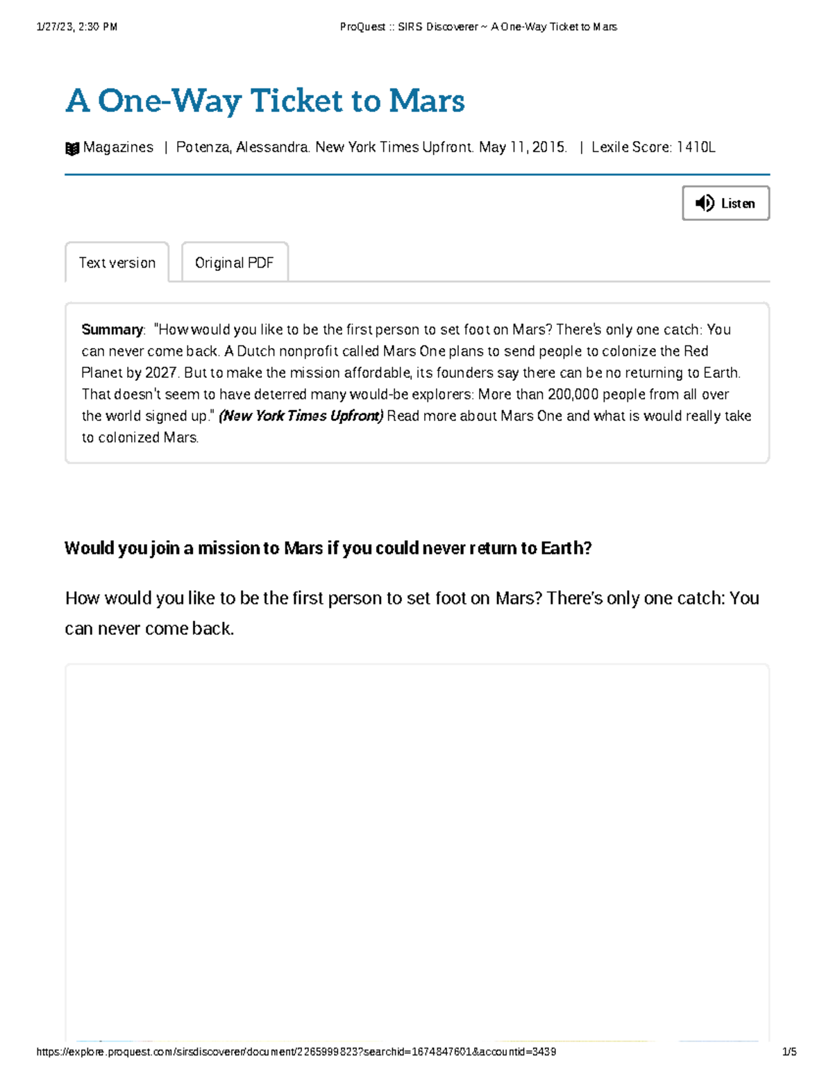 Pro Quest SIRS Discoverer A OneWay Ticket to Mars A OneWay Ticket