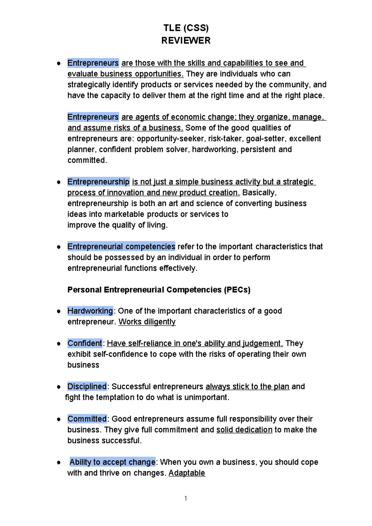 TLE Reviewer - REVIEWER Entrepreneurs are those with the skills and ...