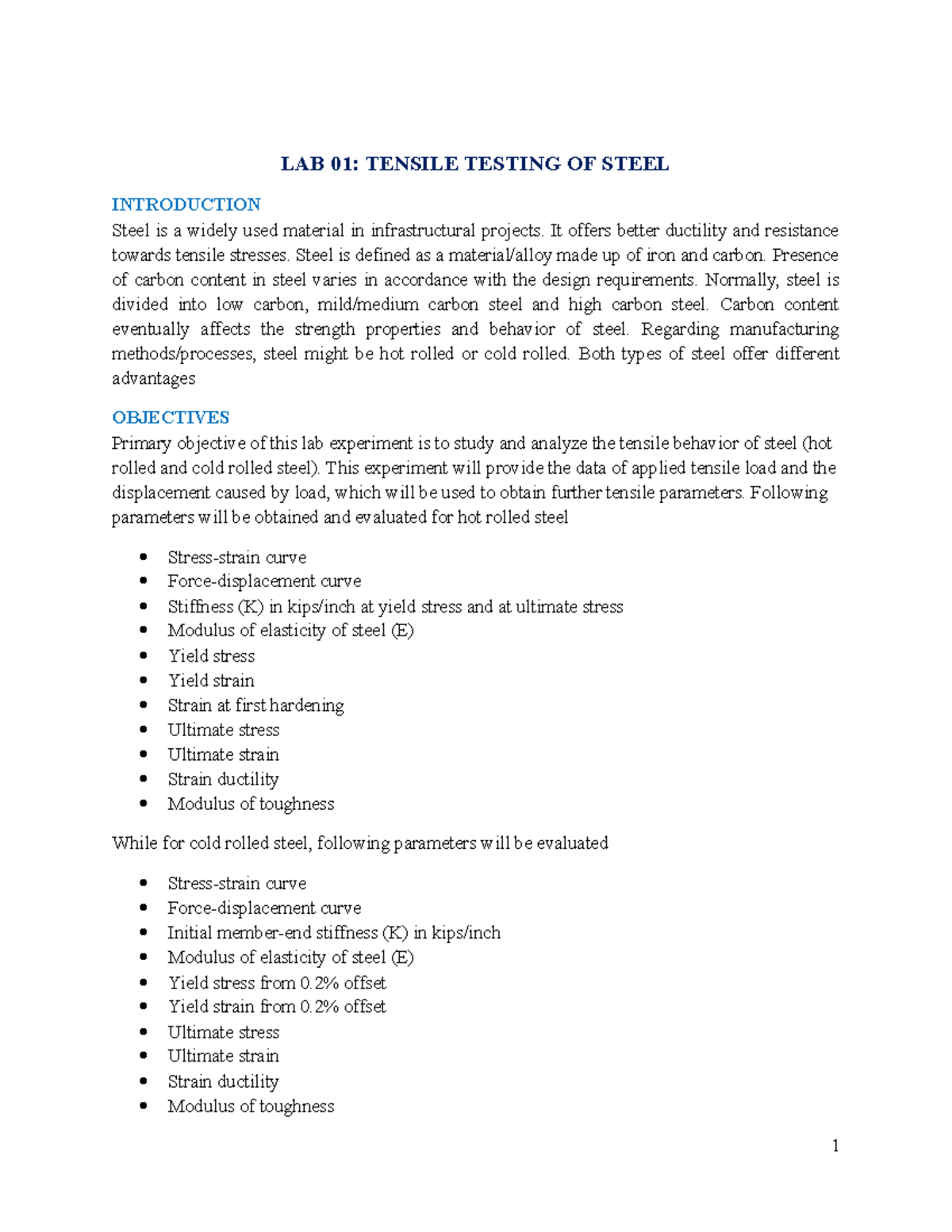 Lab 1-Tension Test - Study - LAB 01: TENSILE TESTING OF STEEL ...