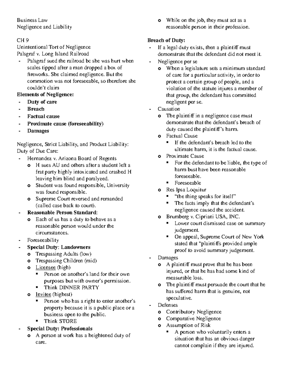 Chapter 9 Notes: Negligence and Liability - Business Law Negligence and ...