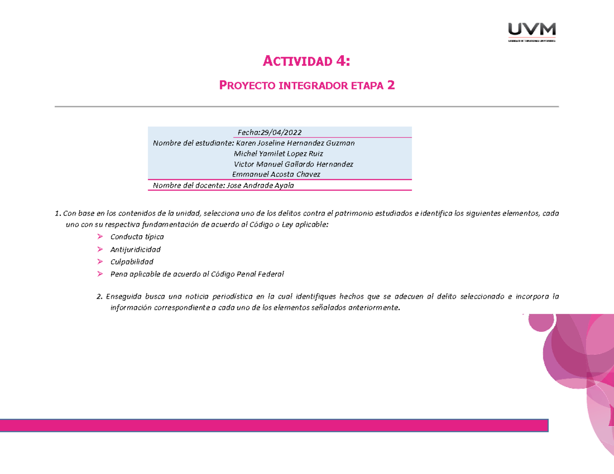 A4 Eq MKVE - Tarea - ACTIVIDAD 4: PROYECTO INTEGRADOR ETAPA 2 Fecha:29 ...