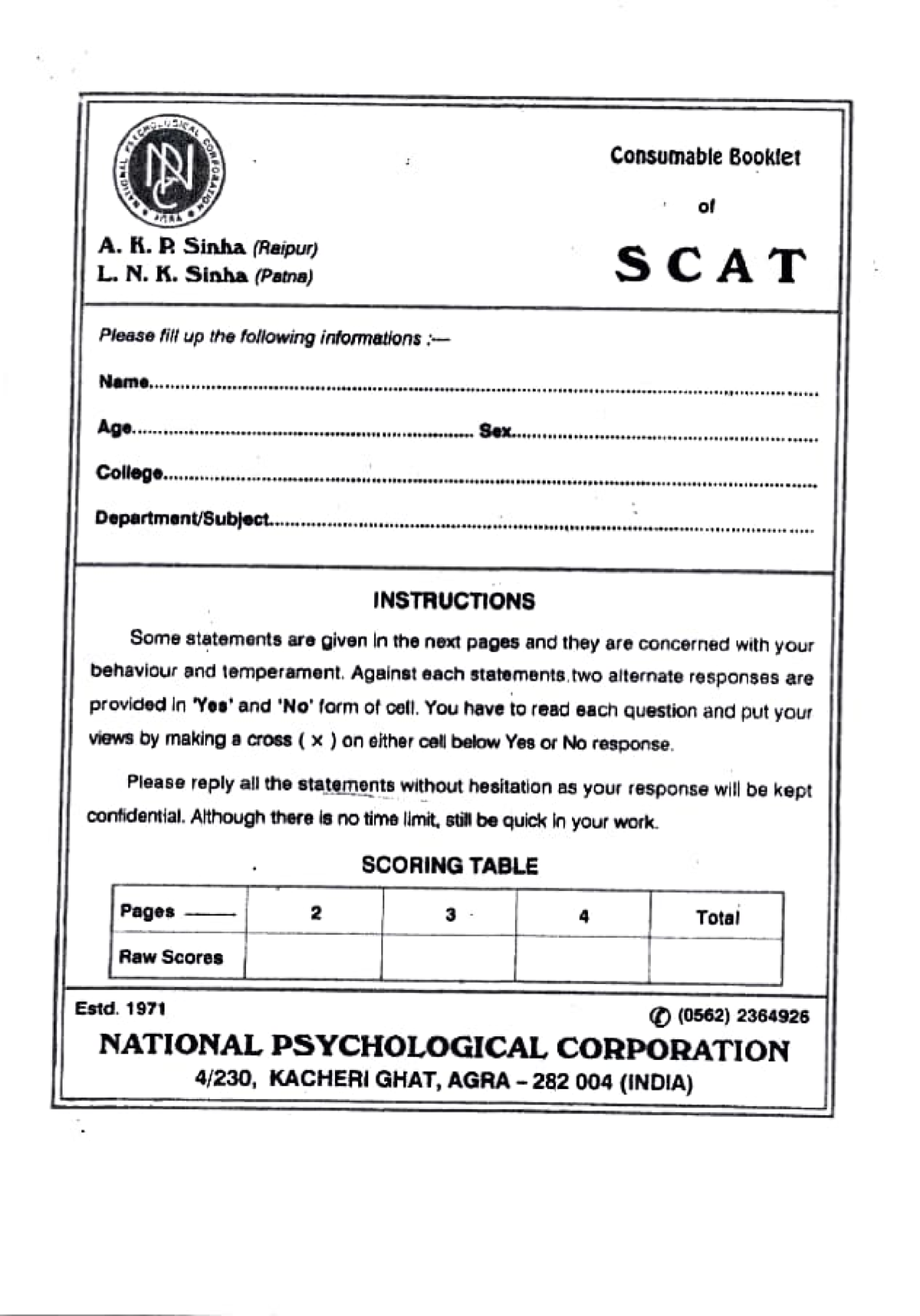 SCAT - This is a consumable booklet of SCAT - A. K. B Sinha (Raipur) L ...