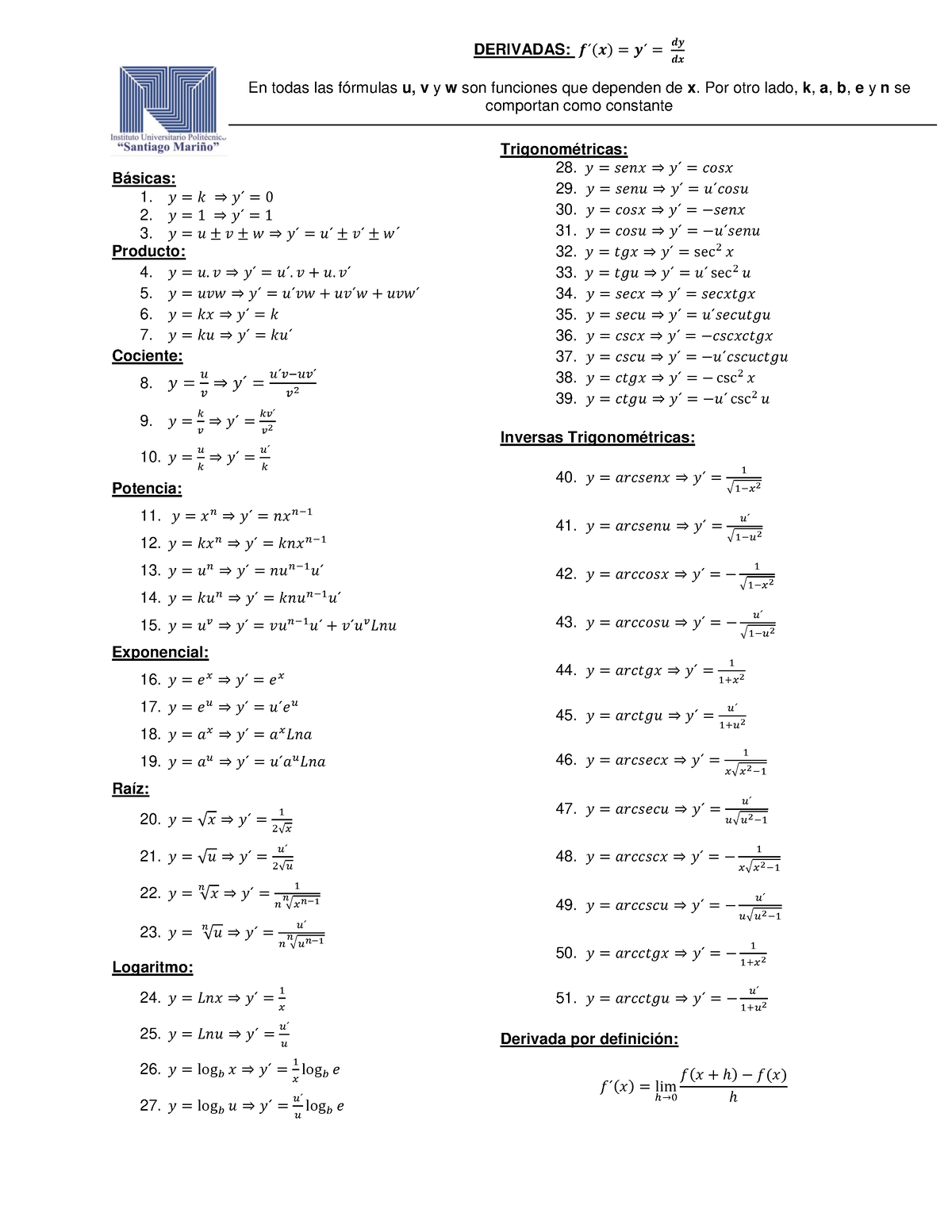 Formulario De Todas Las Derivadas Actualizado Septiem 4332