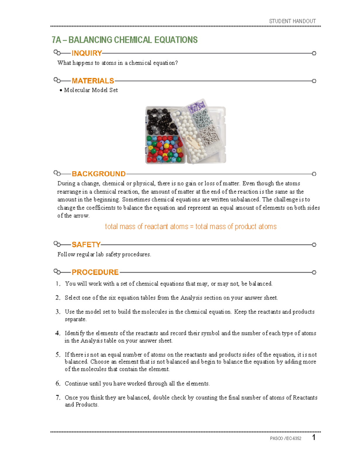 7A Balancing Chemical Equations - STUDENT HANDOUT PASCO / EC-6352 1 7A ...