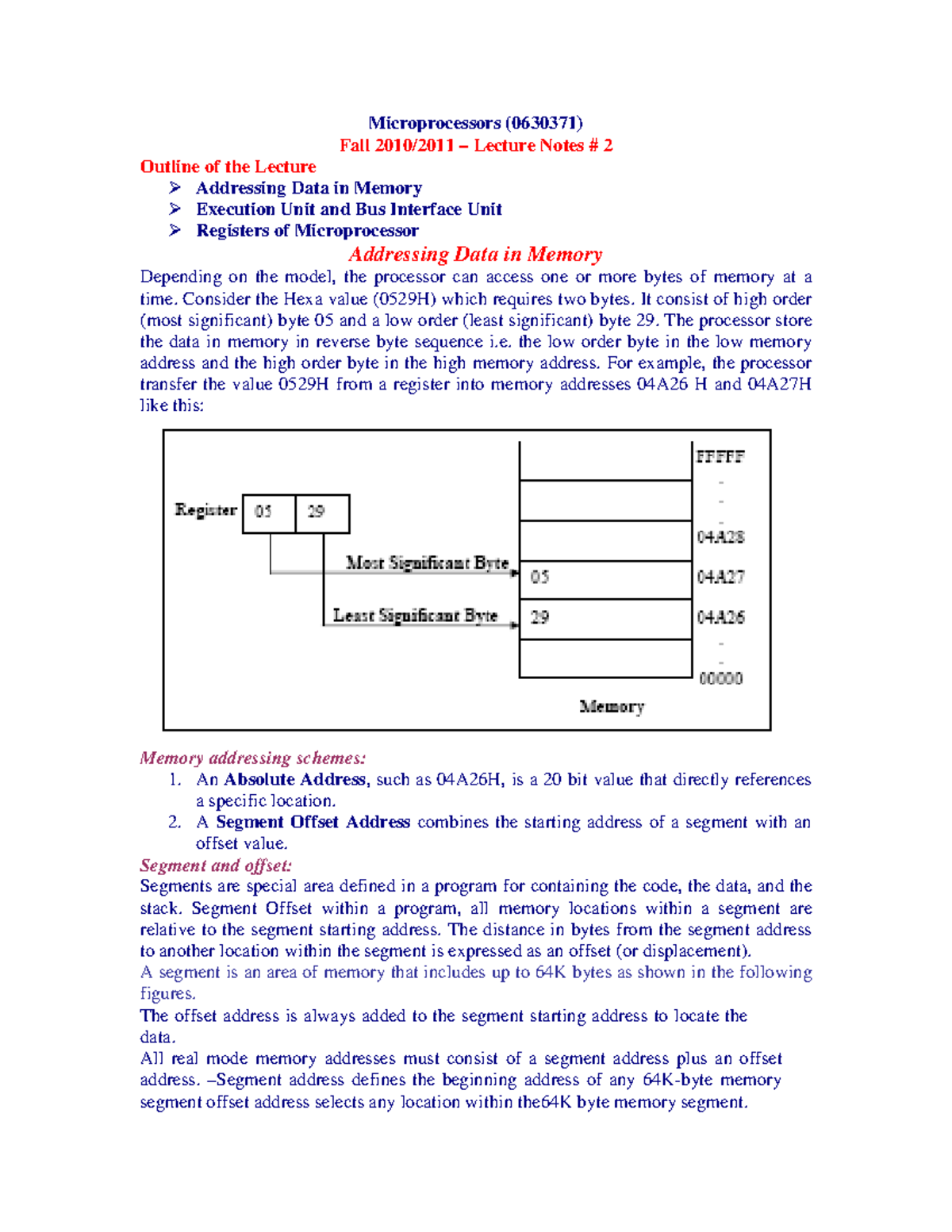 Microprocessors Lecture Notes: Addressing Data In Memory And Execution ...