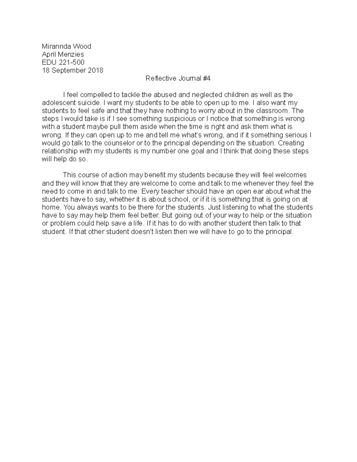 Reflective Journal #4 the teacher asks a question and you have to ...