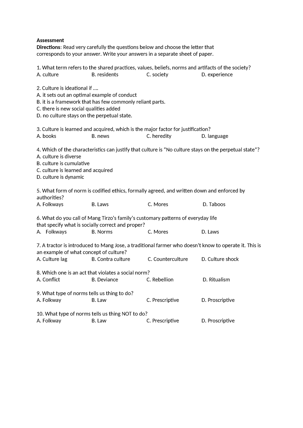 Assessment - Assessment Directions: Read very carefully the questions ...