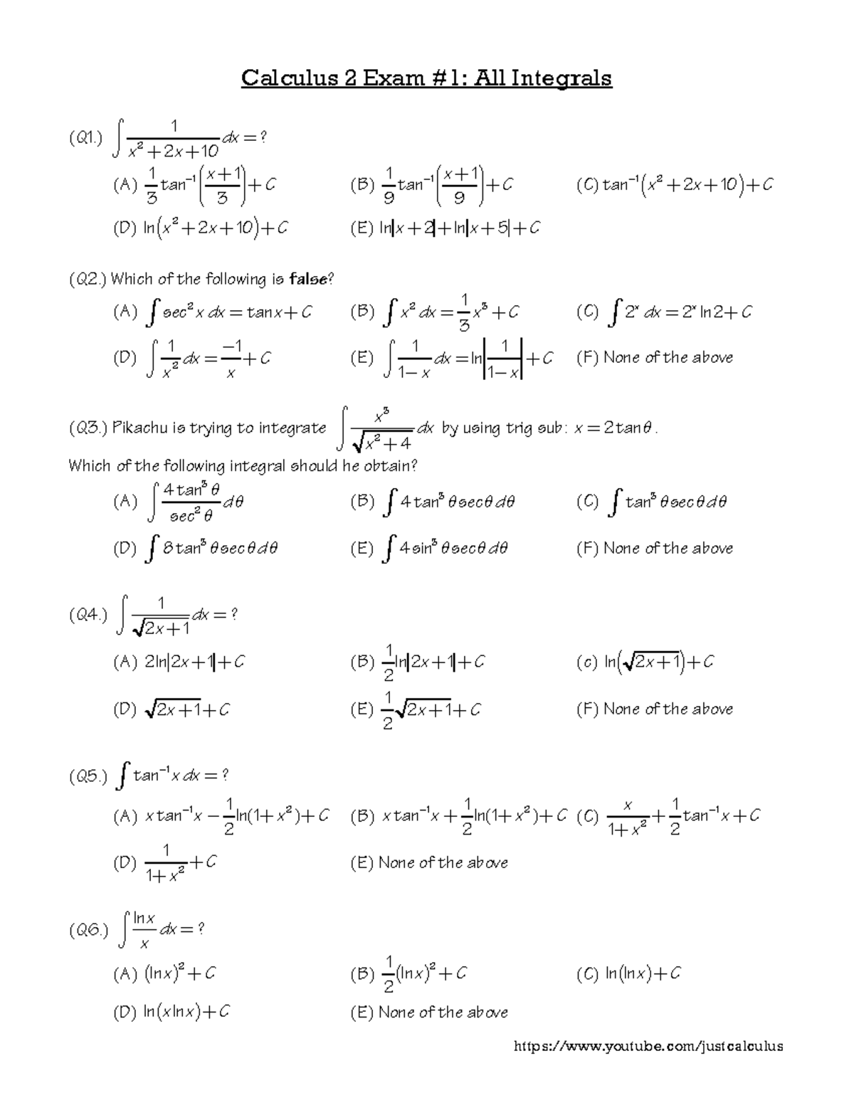 Calc 2 Exam#1 All Integrals 2 - Calculus 2 Exam #1: All Integrals (Q1 ...