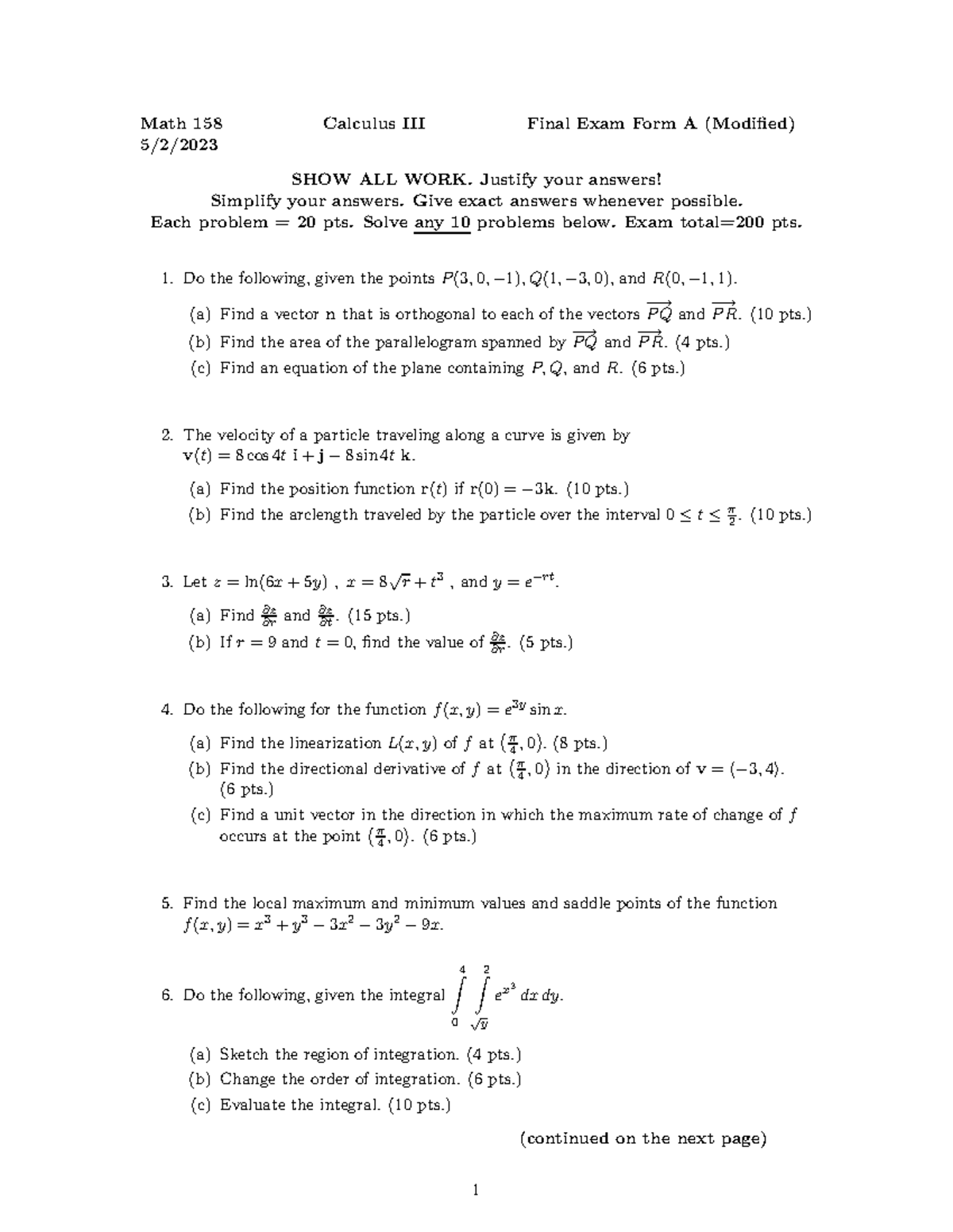 Final Exam Calc3 Form A Spring 2023 - Math 158 Calculus III Final Exam ...