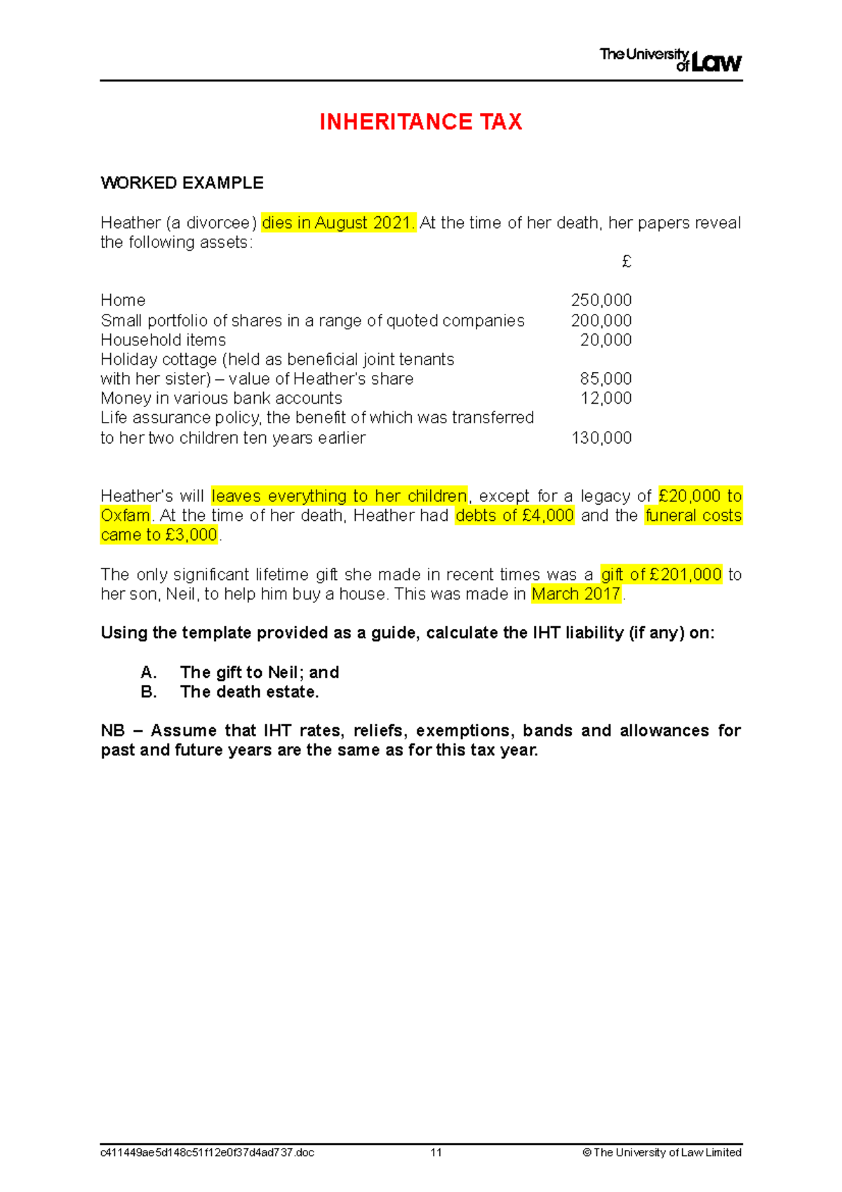 Inheritance Task - INHERITANCE TAX WORKED EXAMPLE Heather (a divorcee ...