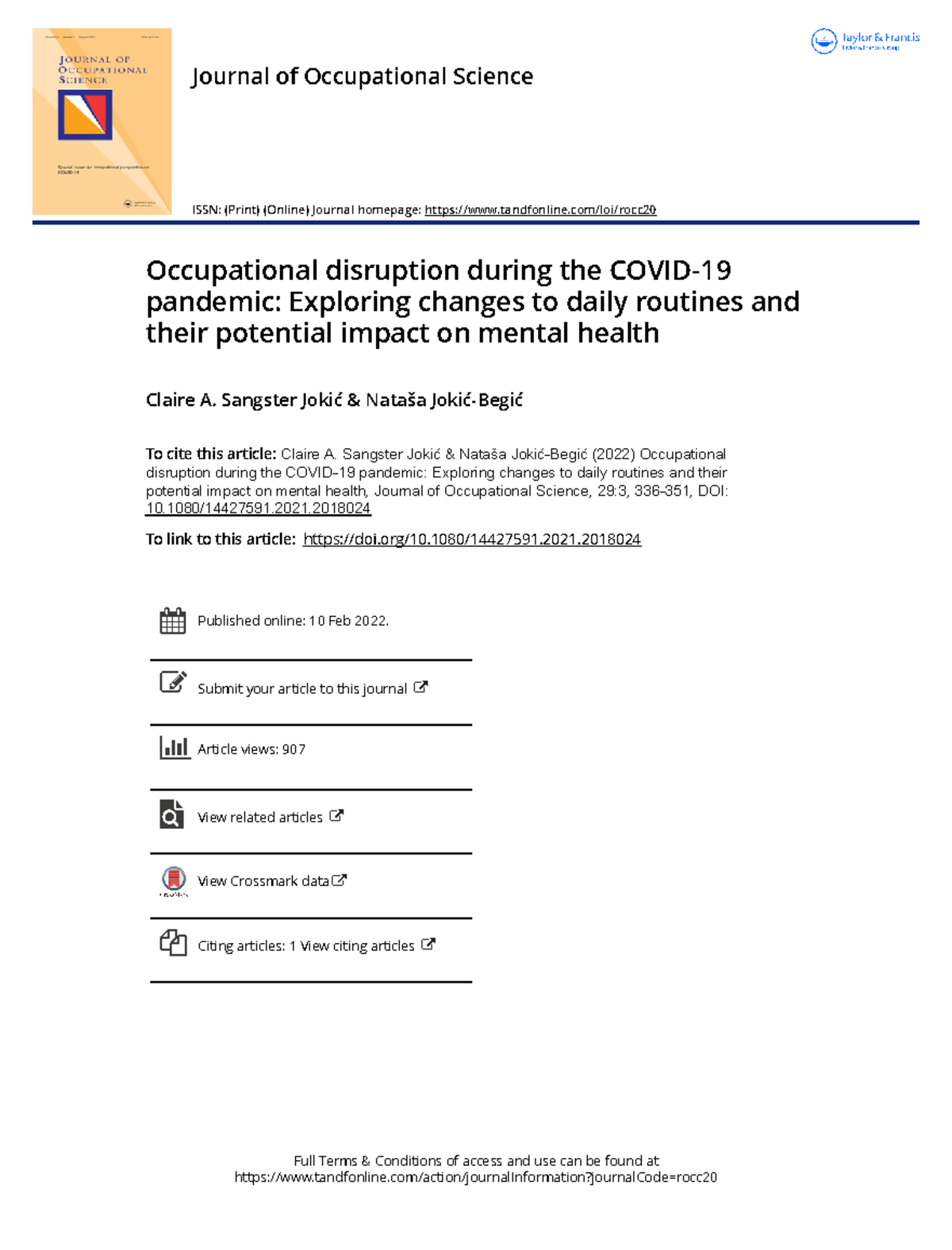Occupational disruption during the Covid 19 pandemic Exploring changes ...