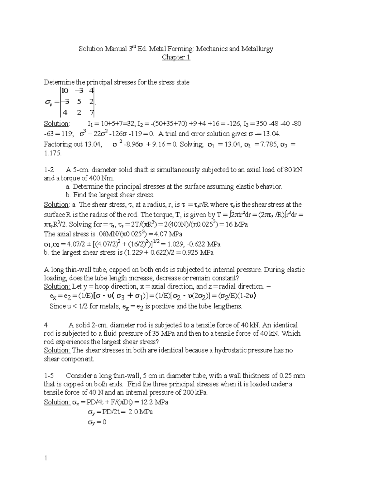Solution Manual 3rd Ed Metal Forming Mechanics and Metallurgy Chapter 1 ...
