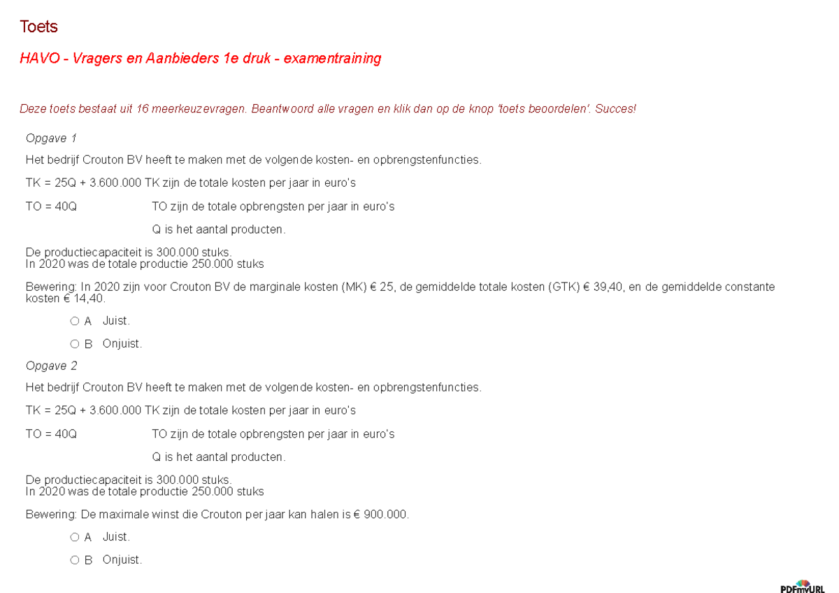 Oefentoets Vragers en Aanbieders H1 tm 5 - Toets HAVO - Vragers en