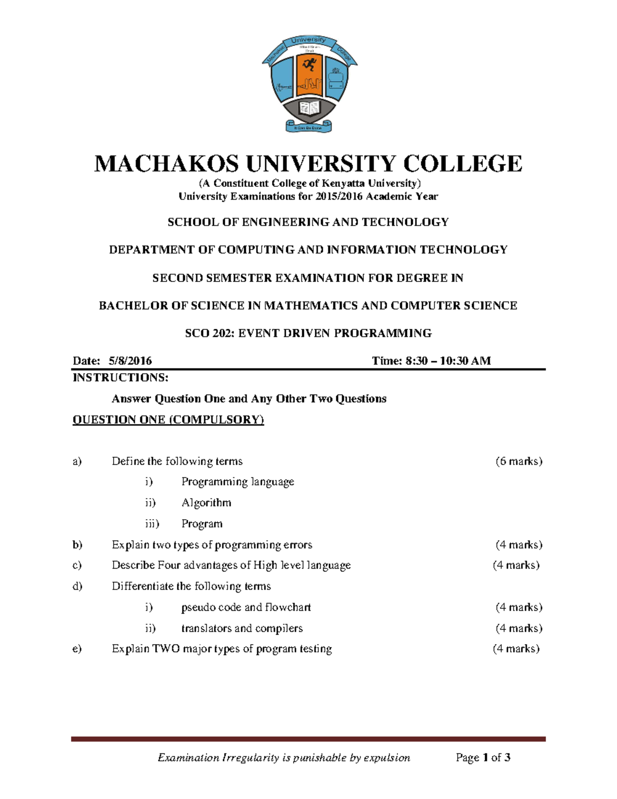 SCO202 EXAM MAY- August 2016 - Examination Irregularity is punishable ...