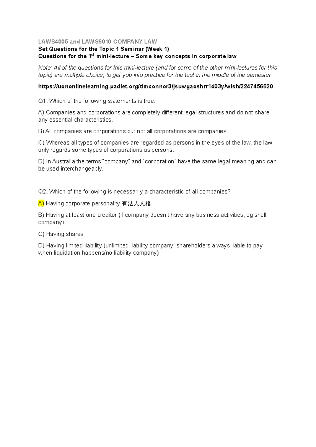 Topic 1 Qs 1st of 3 - in class answers - LAWS4005 and LAWS6010 COMPANY ...