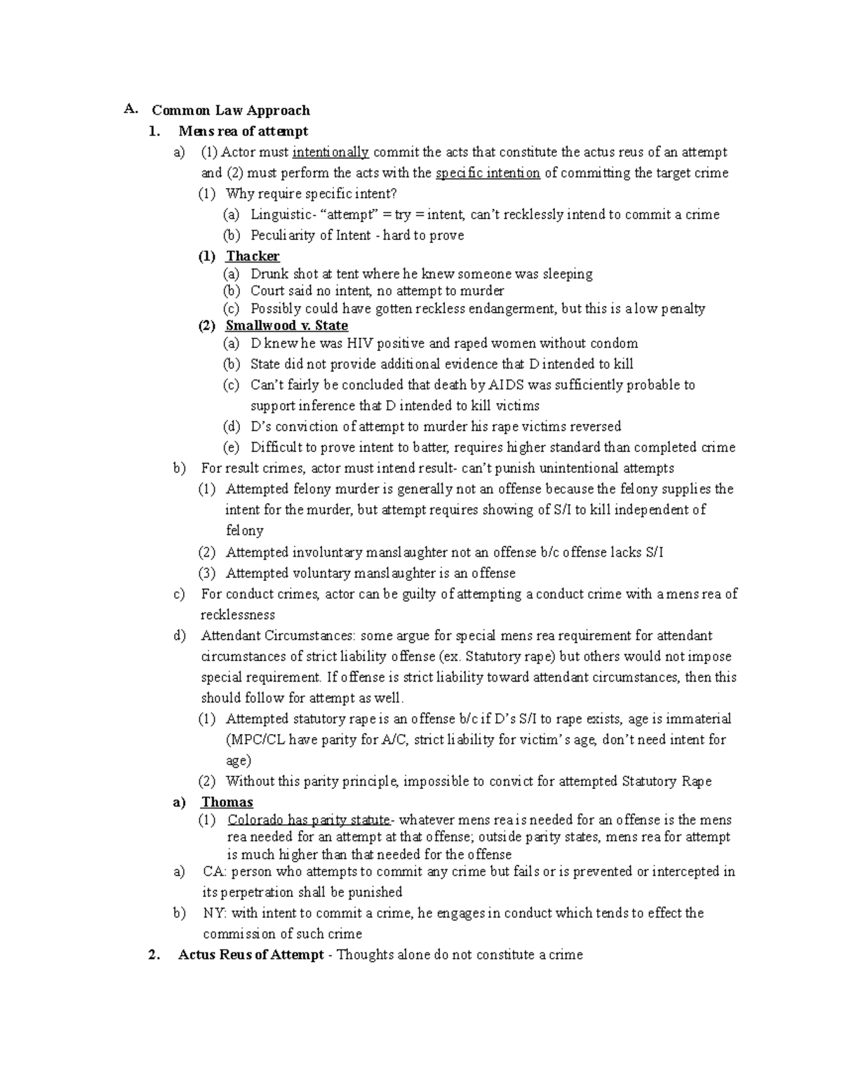 6 - Criminal Law - Prof. Mendez 2 - A. Common Law Approach Mens rea of ...