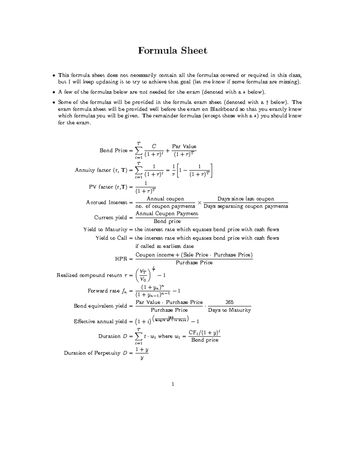 Formulas (weeks 1 to 6) - Formula Sheet This formula sheet does not ...