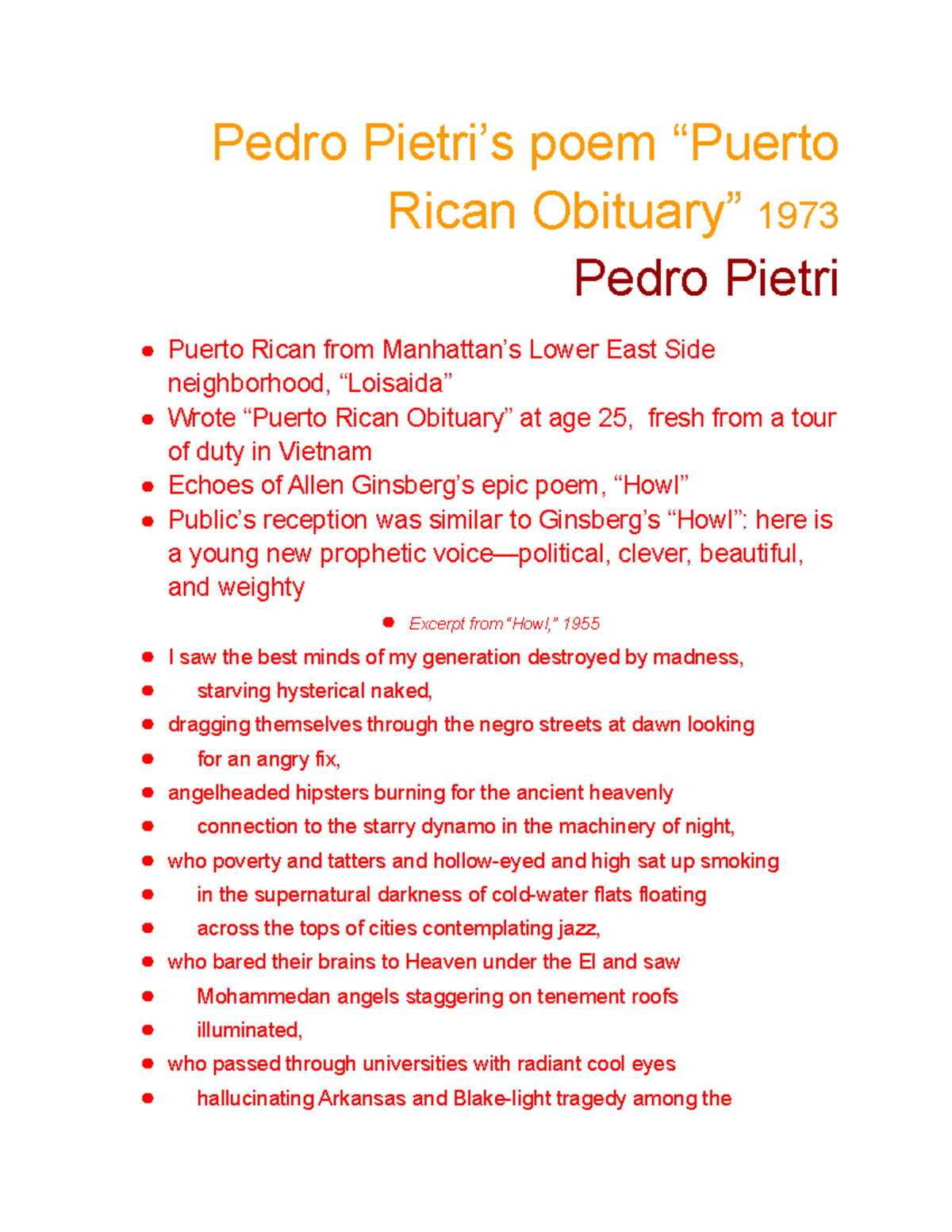 Pedro Pietri’s poem “Puerto Rican Obituary” 1973 Pedro Pietri’s poem