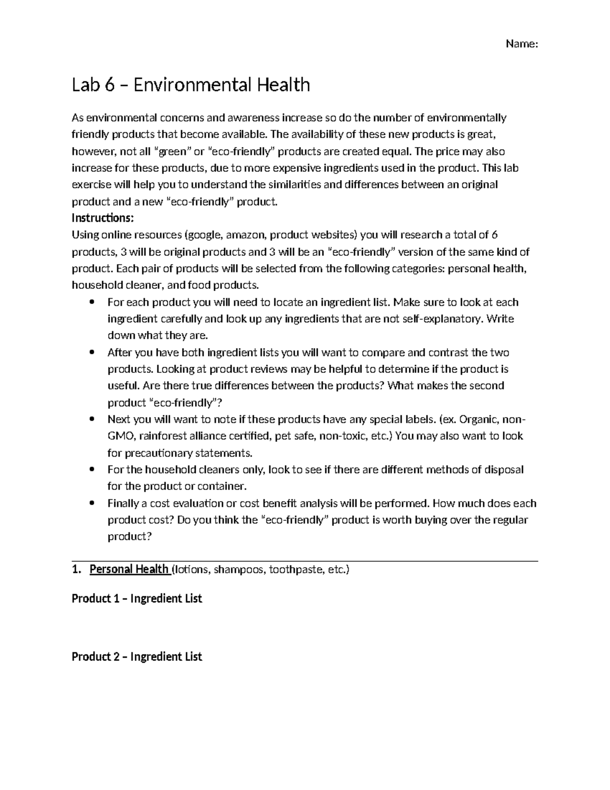 Environmental health lab Name Lab 6 Environmental Health As