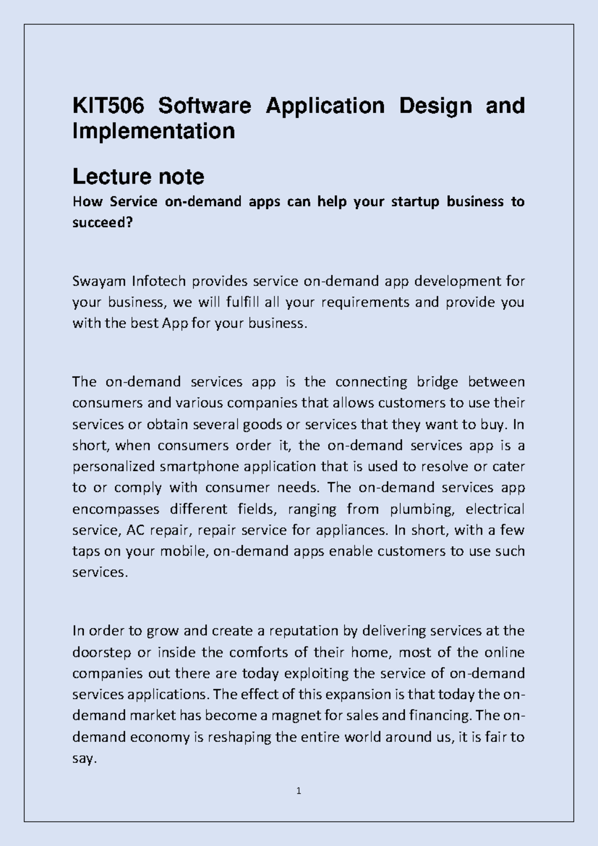 KIT506 Software Application Design and Implementation lecture note How ...