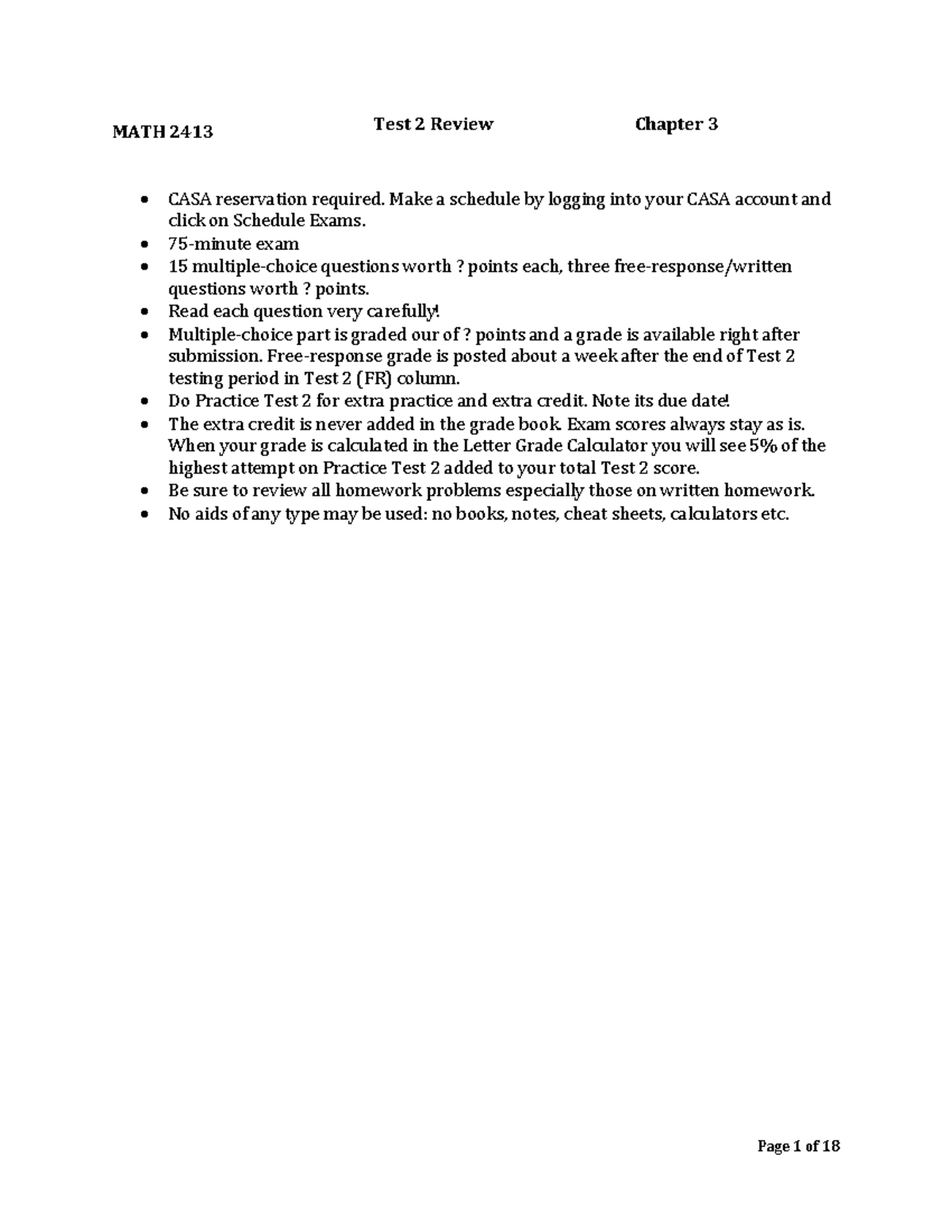 2413Test2Review S 23 notes - MATH 2413 Test 2 Review Chapter 3 CASA ...