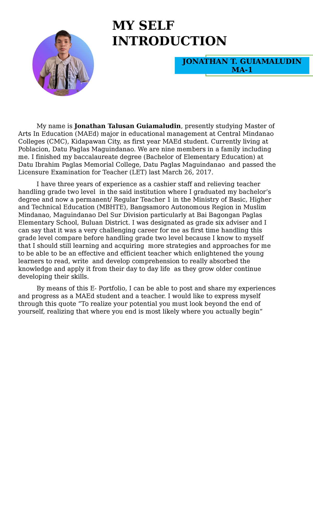 My Self Introduction-1 - MY SELF INTRODUCTION My name is Jonathan ...