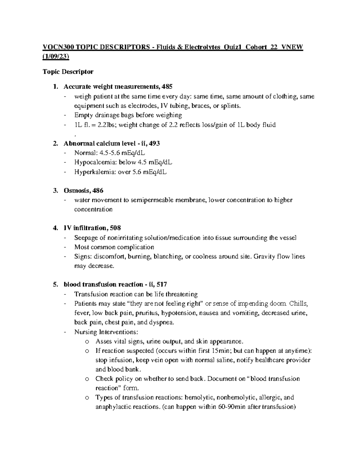 Quiz 1 topics Med SURG 2 Fluid and Electrolytes VOCN300 TOPIC