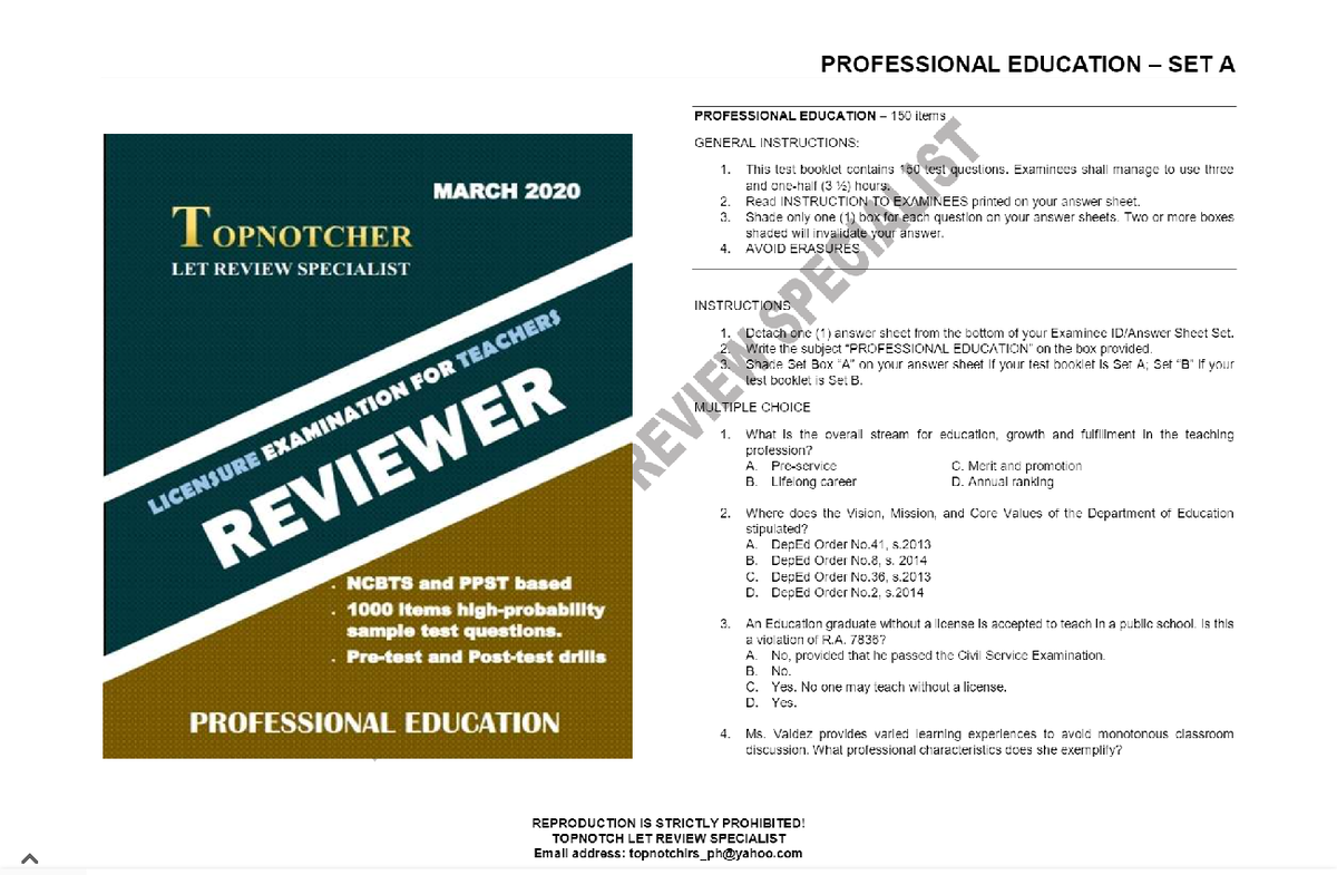 Proof Ed questionnaire Set A - Bachelor of Secondary Education - Studocu