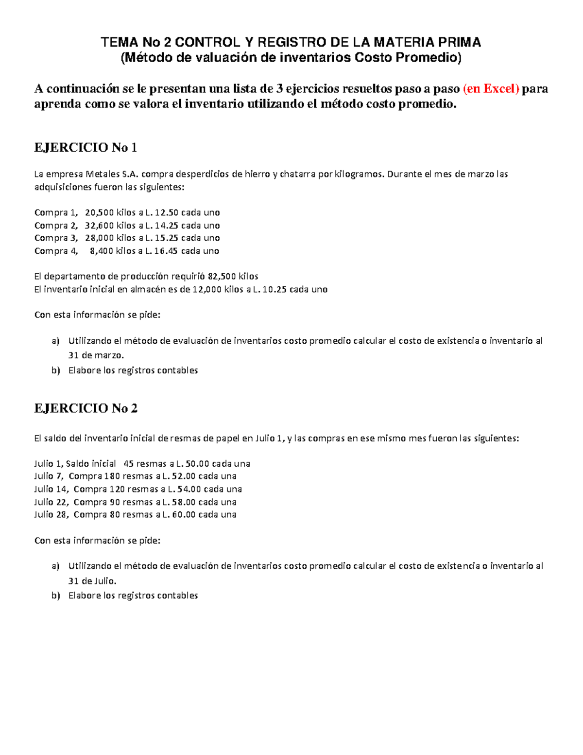 Ejercicio No 1, 2 3 Método De Valuación De Inventario Costo Promedio ...