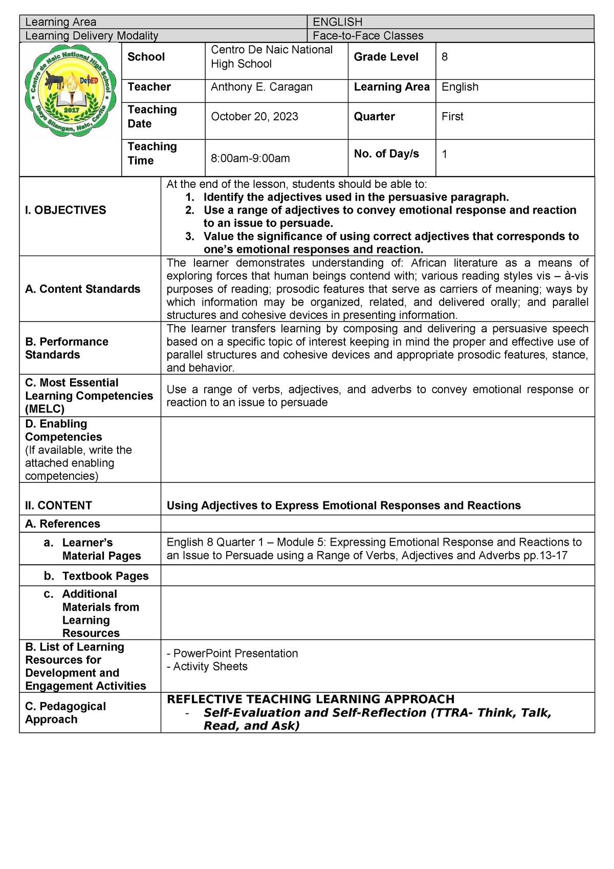 DLP-Q1-ENG8-W8-Day 4 - Lesson Plan - Learning Area ENGLISH Learning ...