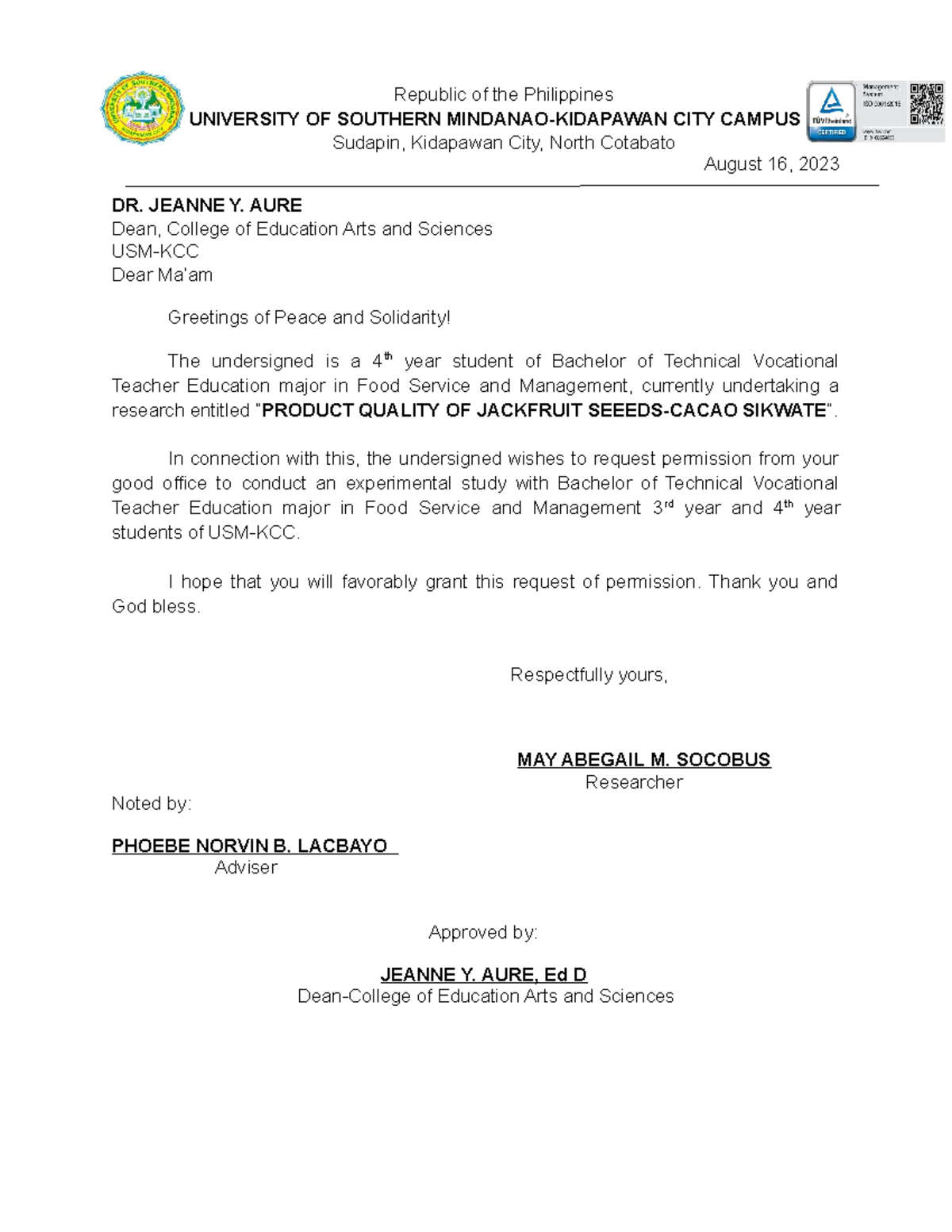 Final request for conduct - Republic of the Philippines UNIVERSITY OF ...