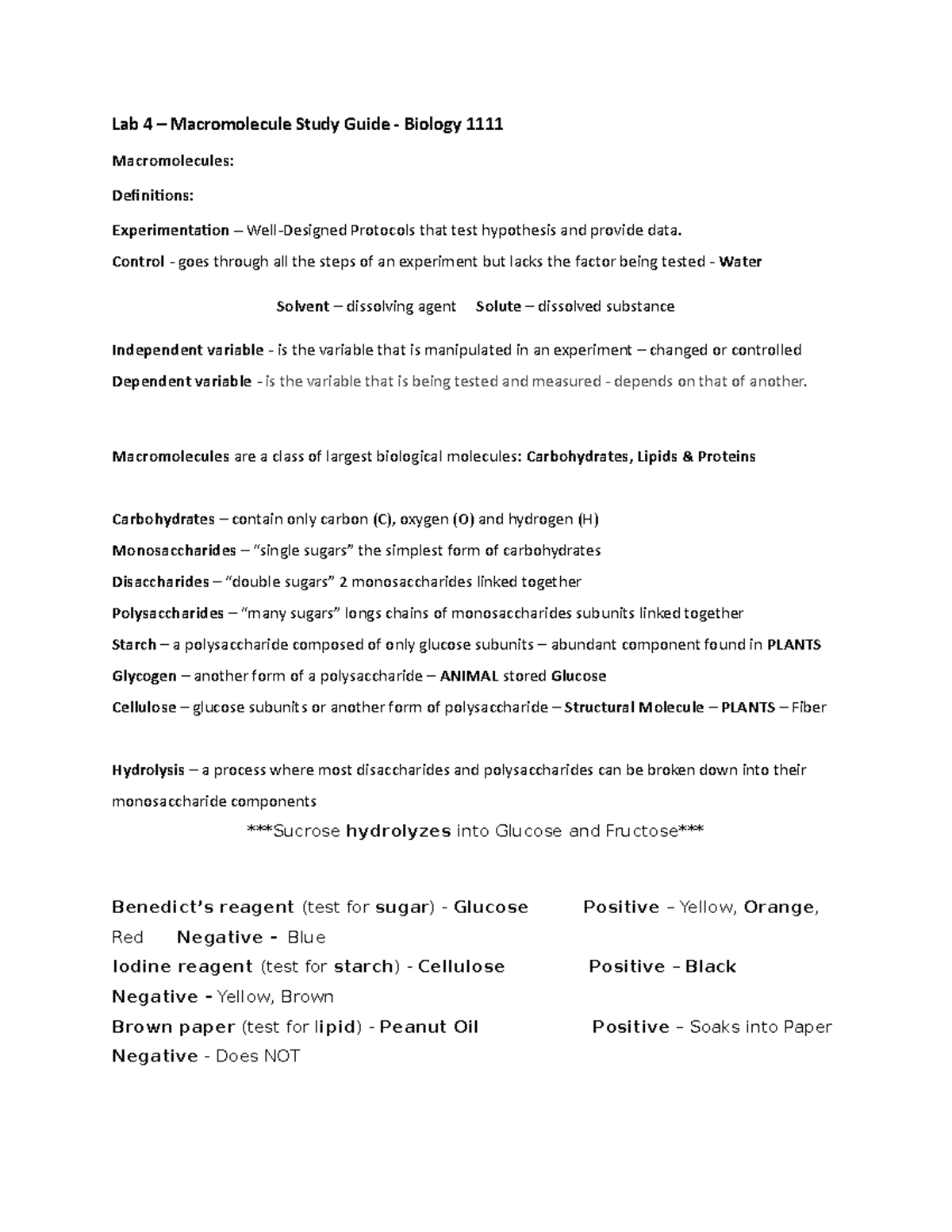 Lab 3 Study Guide Macromolecules Lab 4 Macromolecule Study Guide Biology 1111 Studocu