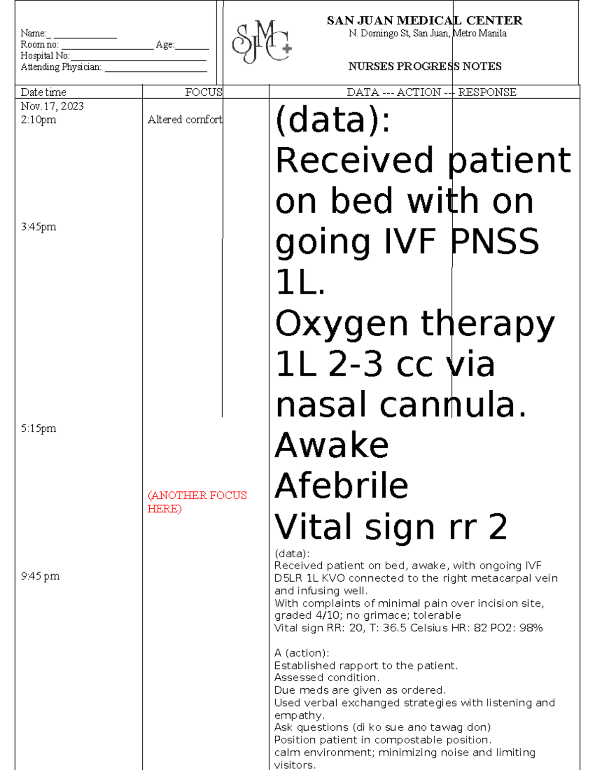 Fdarch 1 - FDAR for nursing - Name:_ _____________ Room no ...