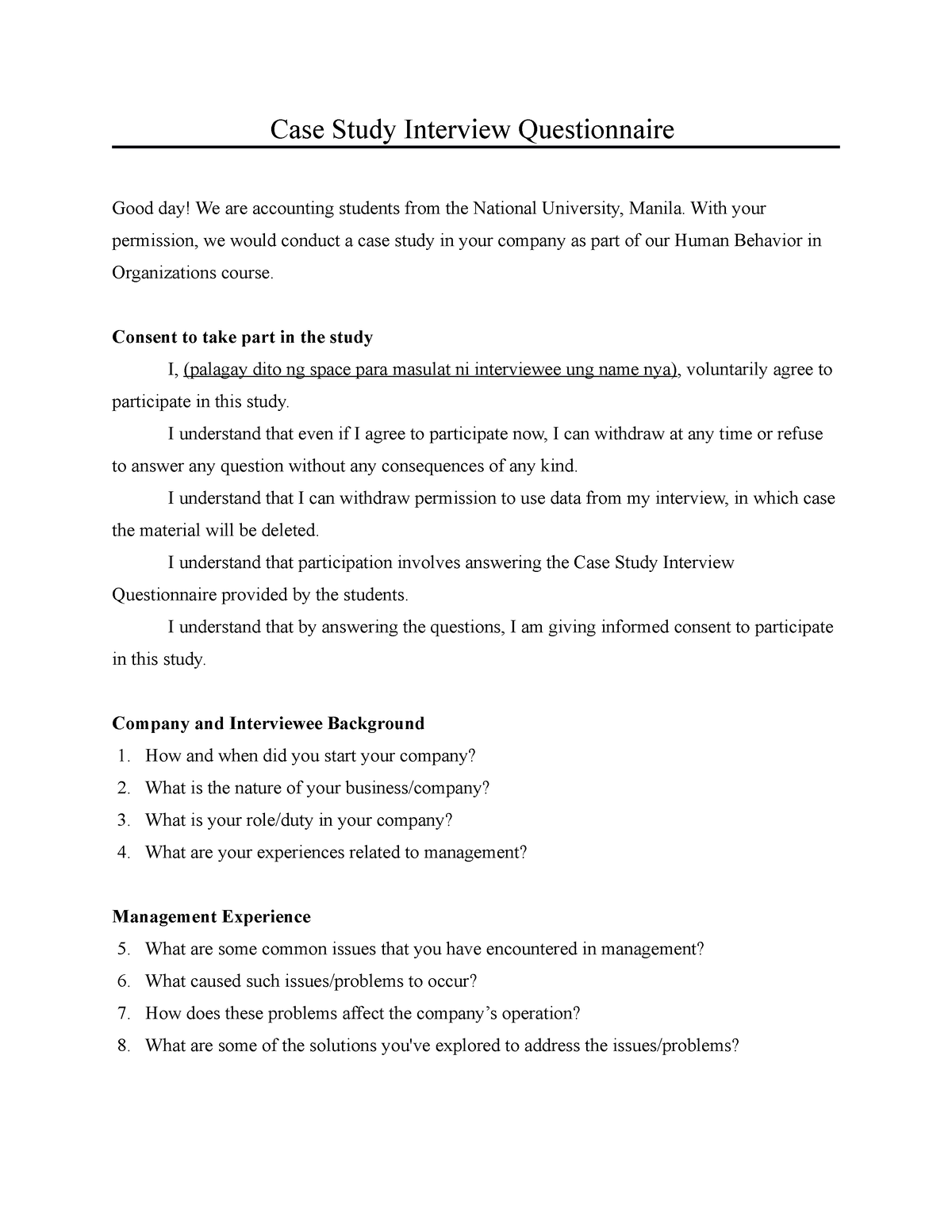 case study questionnaire for students
