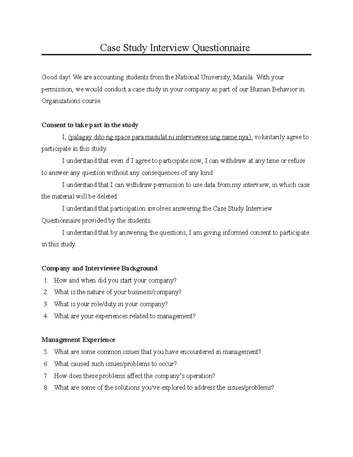 can case study use questionnaire