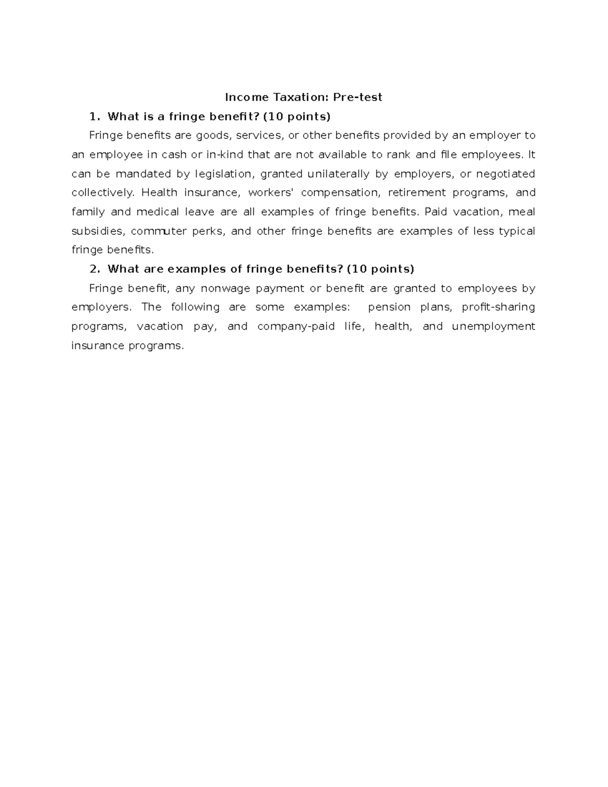 Income Taxation- U5L2 - **Income Taxation: Pre-test What is a fringe ...