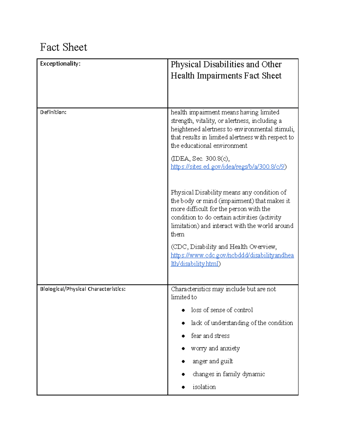 Fact Sheet Fact Sheet Exceptionality Physical Disabilities and Other