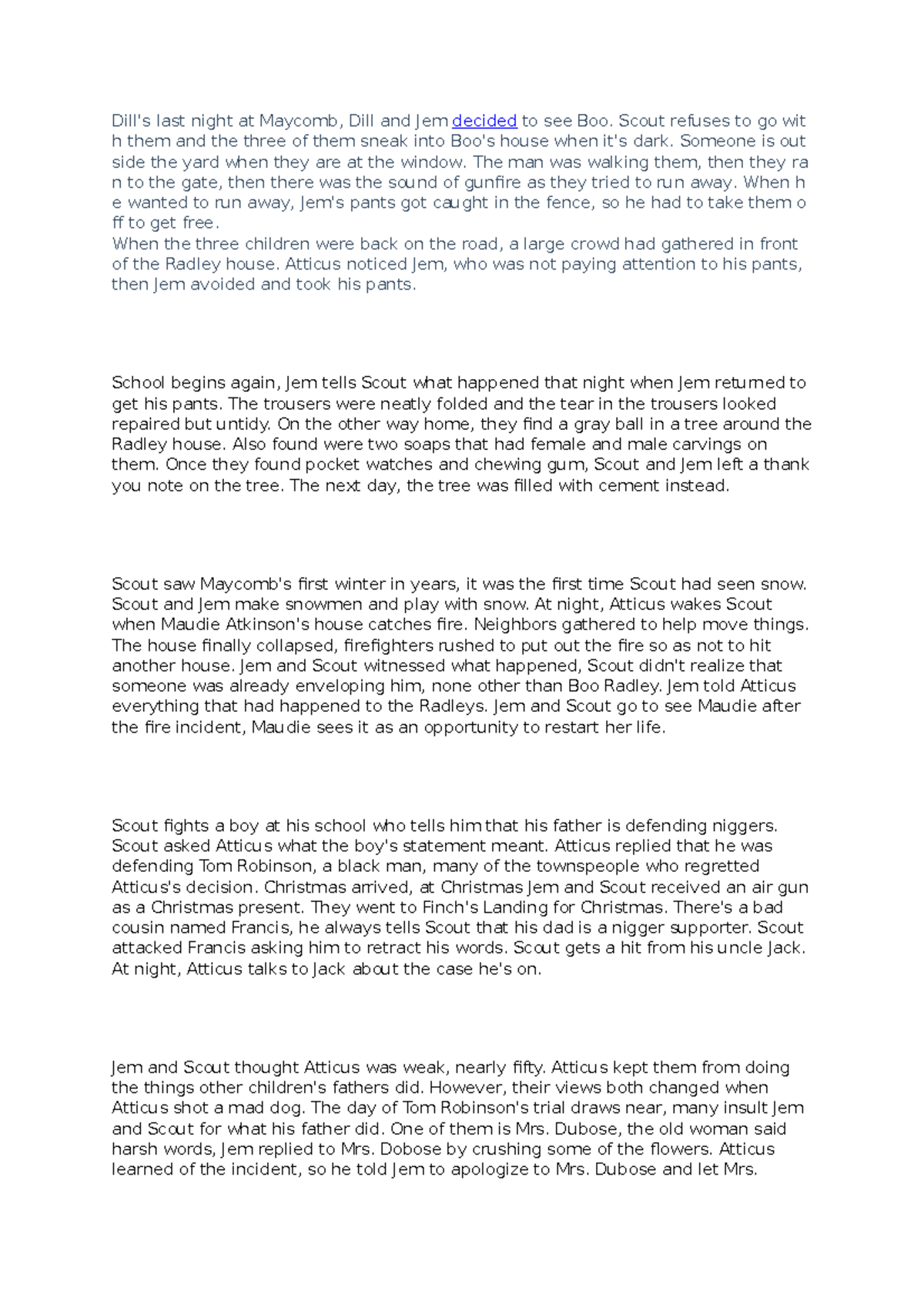 Reflection Summaries Dill's last night at Dill and Jem