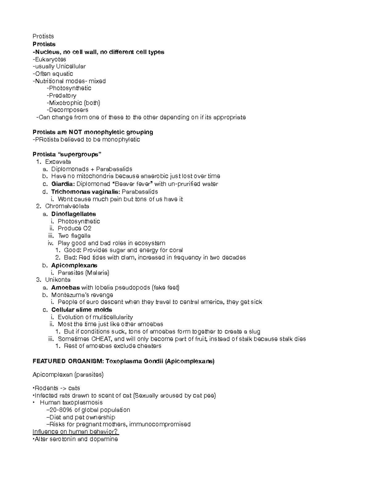 Protists - Lecture notes 2 - Protists Protists -Nucleus, no cell wall ...