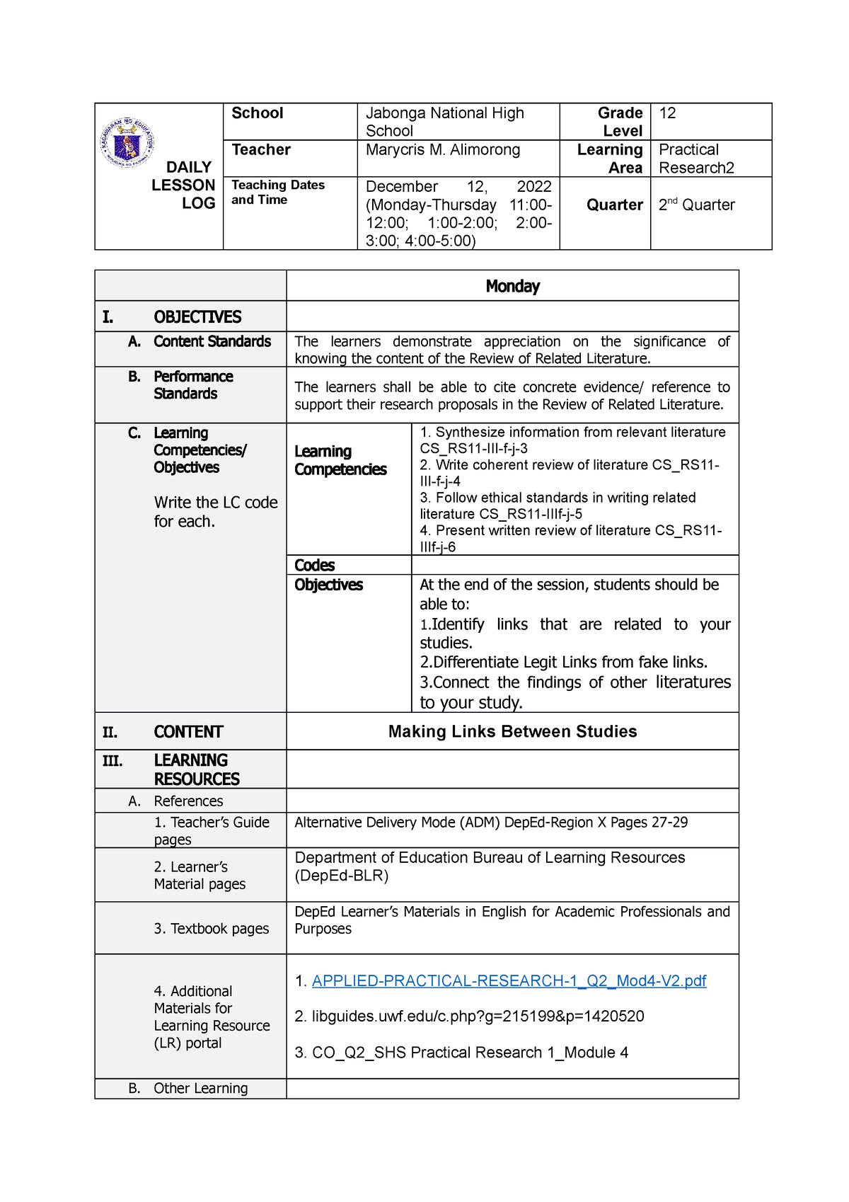 DLL-Prac. Res2 12-12-22 - DAILY LESSON LOG School Jabonga National High ...